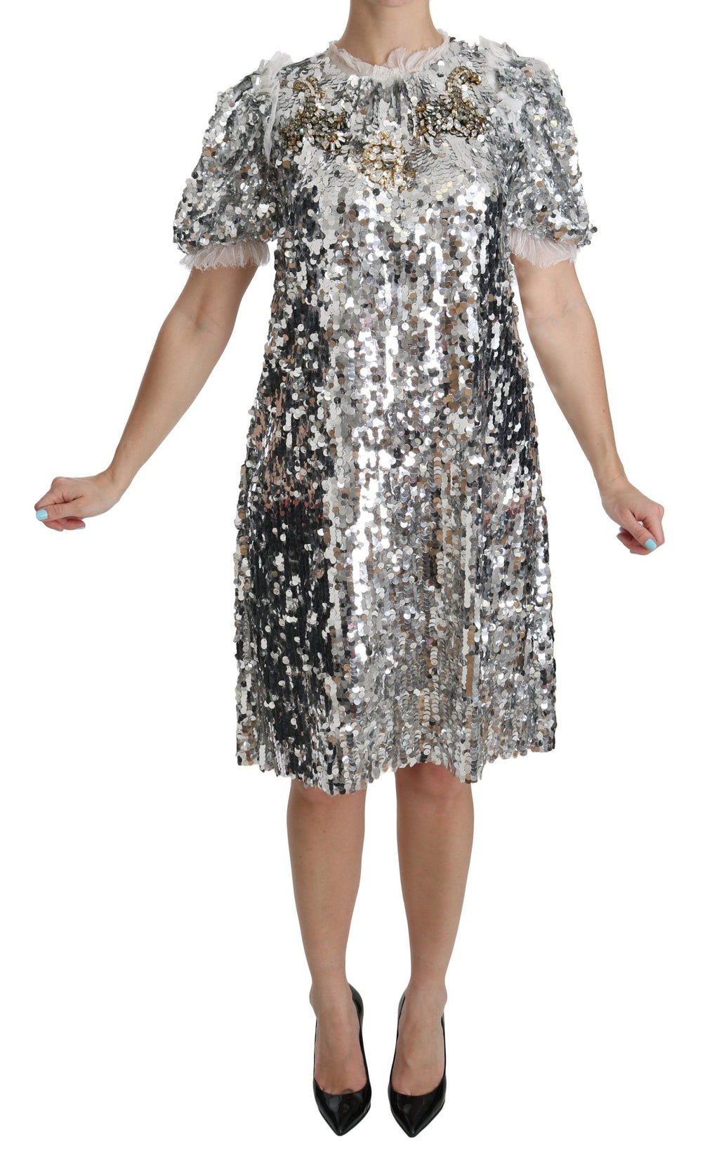 Dolce & Gabbana Silver Sequin Crystal Shift Dress