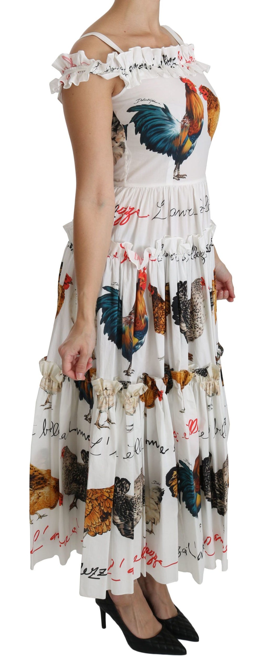Dolce & Gabbana Weißer Hahn Etuikleid Midi aus Baumwolle