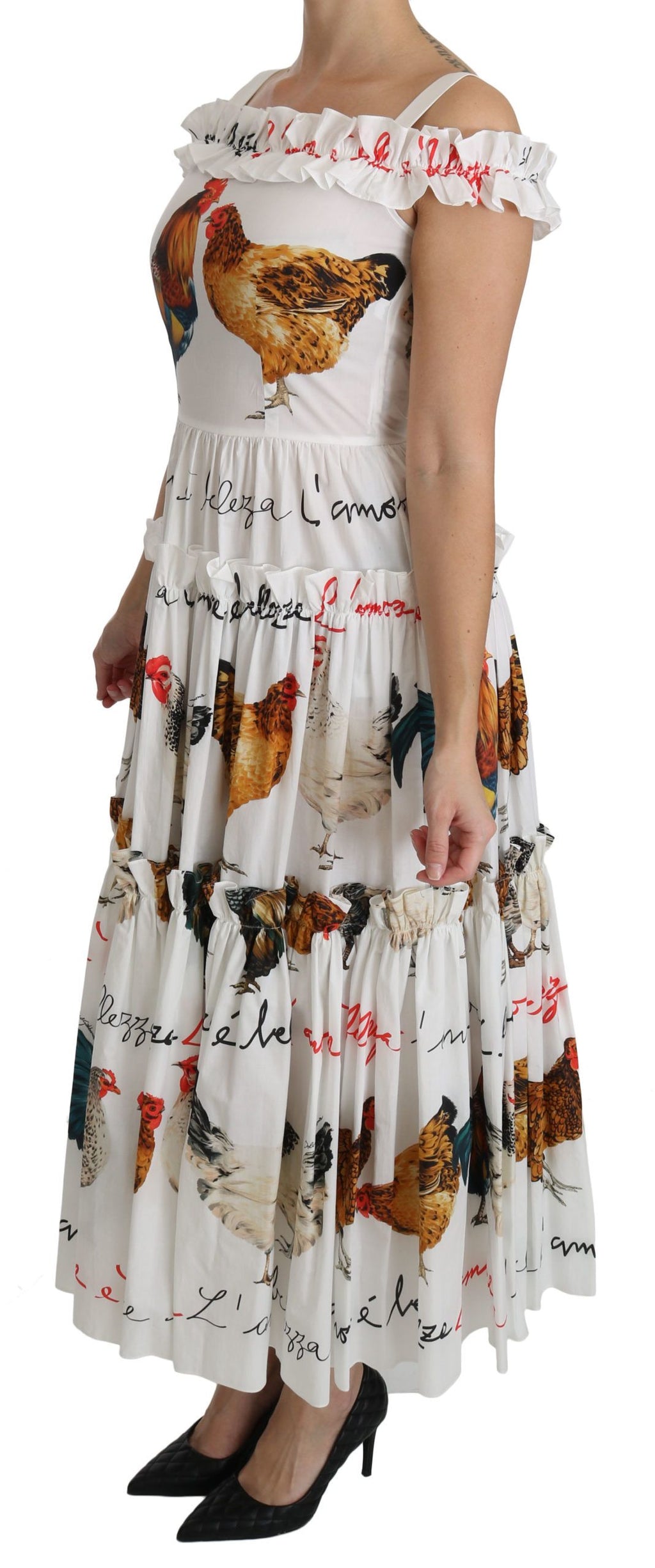Dolce & Gabbana Weißer Hahn Etuikleid Midi aus Baumwolle