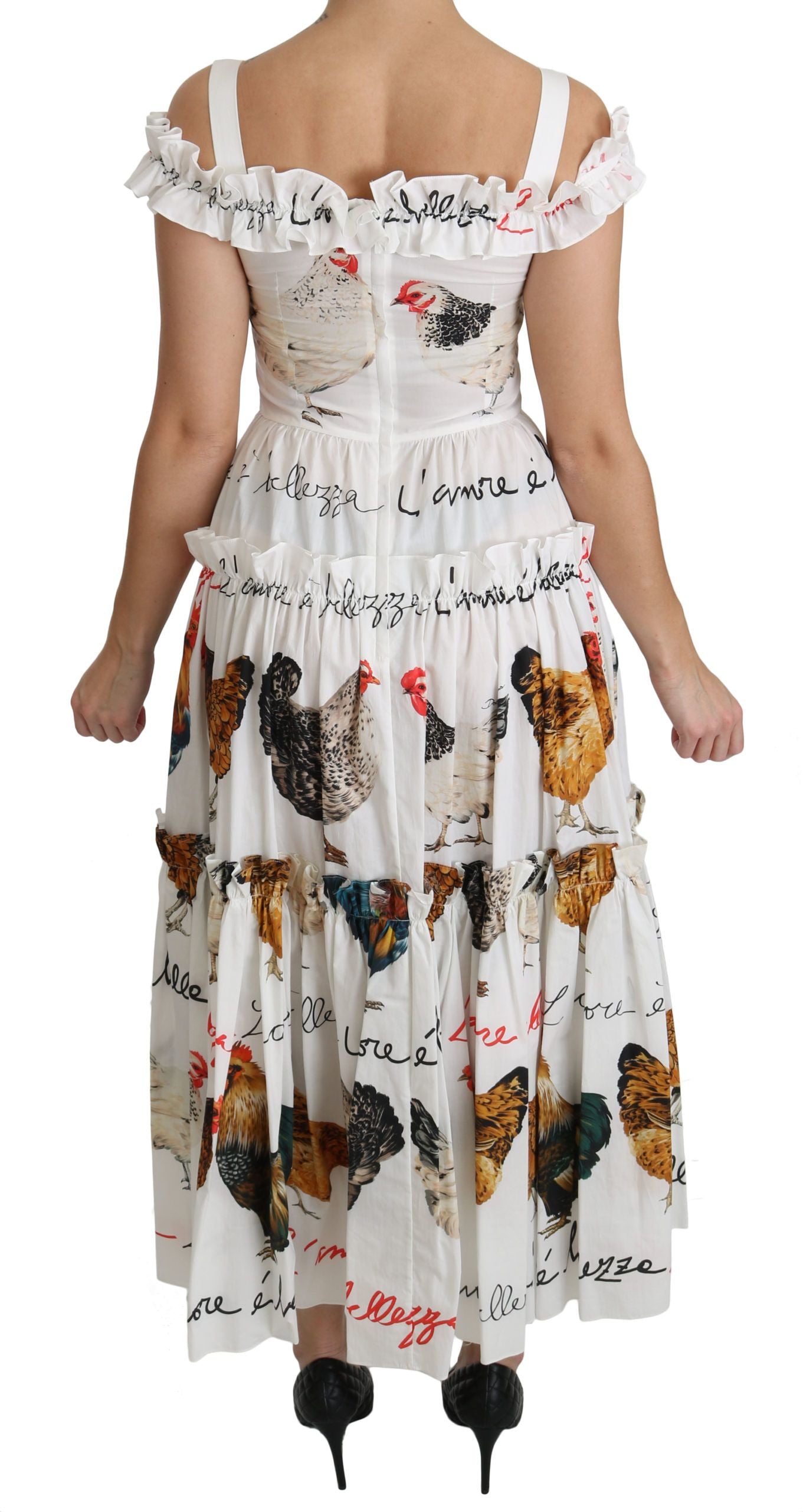 Dolce & Gabbana Weißer Hahn Etuikleid Midi aus Baumwolle