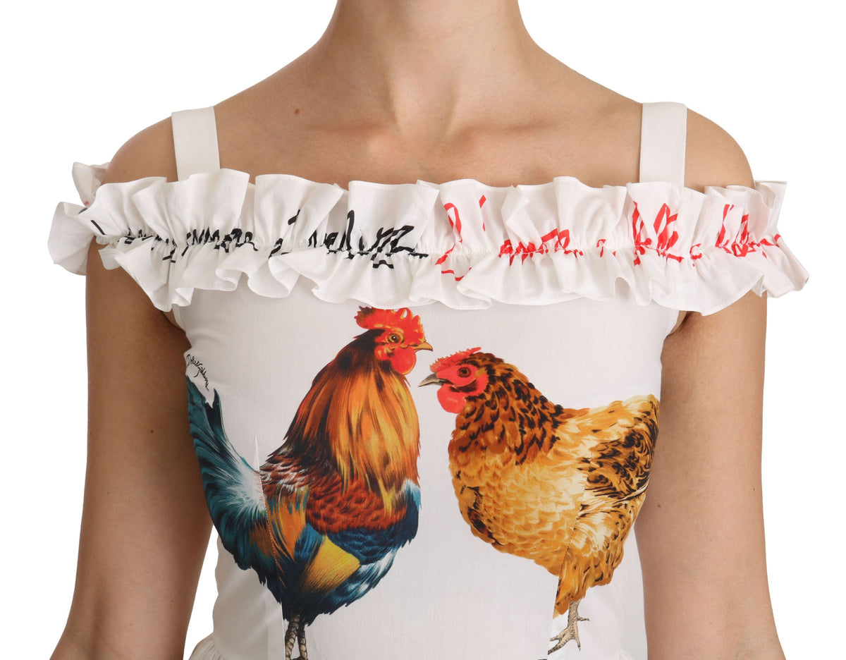 Dolce & Gabbana Weißer Hahn Etuikleid Midi aus Baumwolle
