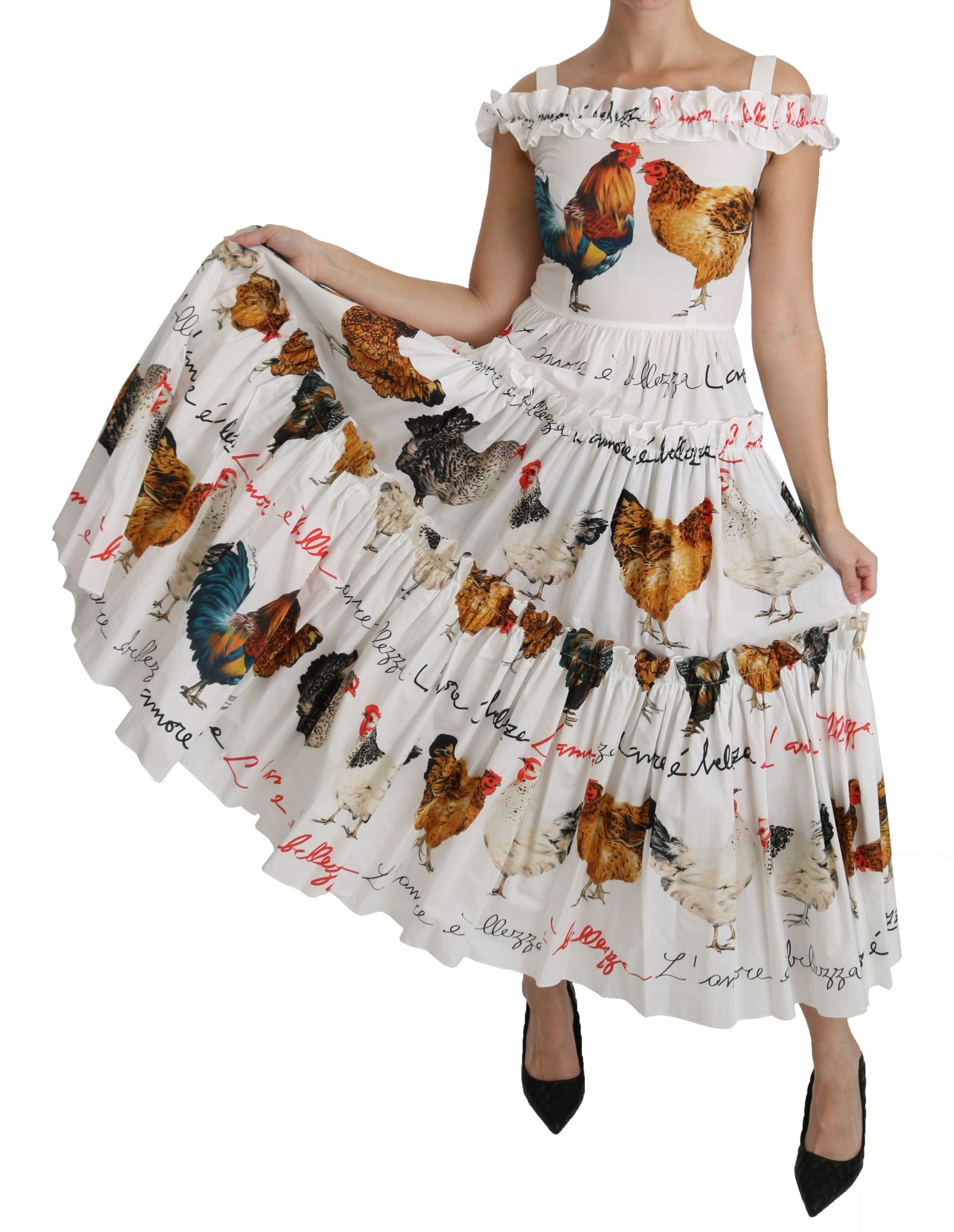Dolce & Gabbana Weißer Hahn Etuikleid Midi aus Baumwolle