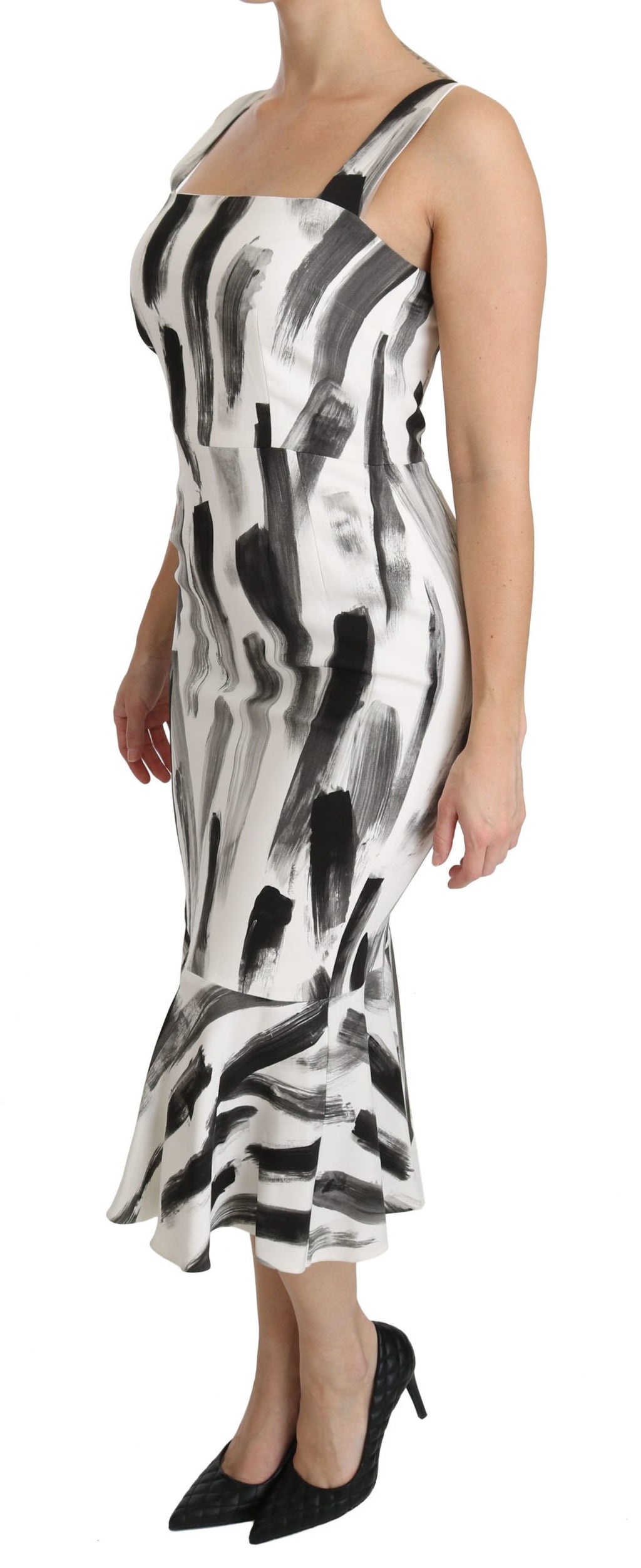 Dolce & Gabbana Weißes, schwarzes, bedrucktes Midi-Kleid aus Viskose
