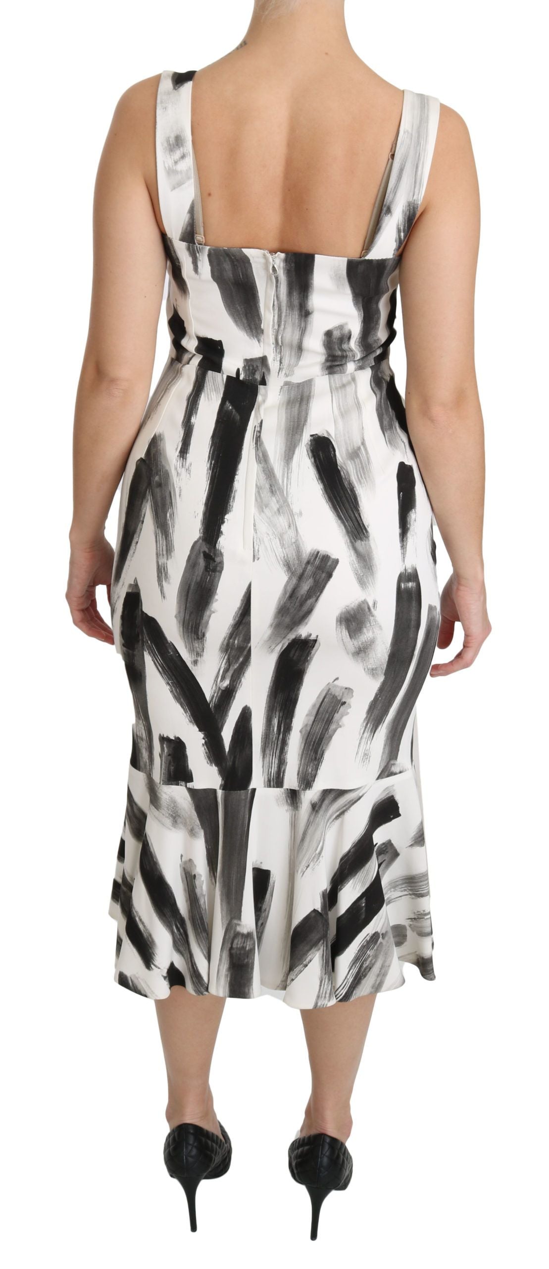 Dolce & Gabbana Weißes, schwarzes, bedrucktes Midi-Kleid aus Viskose