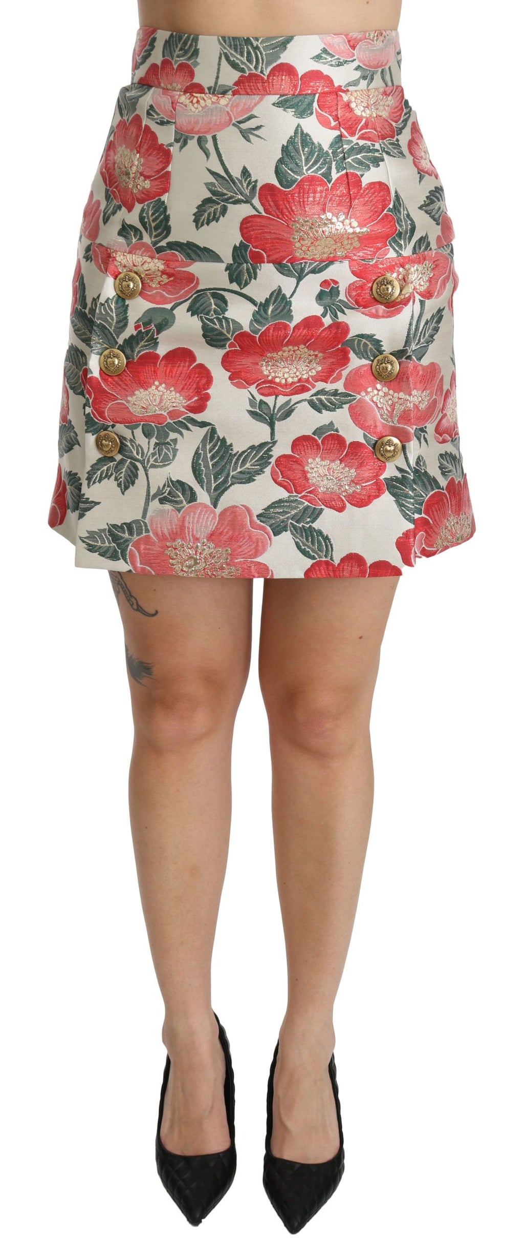 Dolce & Gabbana Weißer grüner roter geblümter Minirock mit hoher Taille