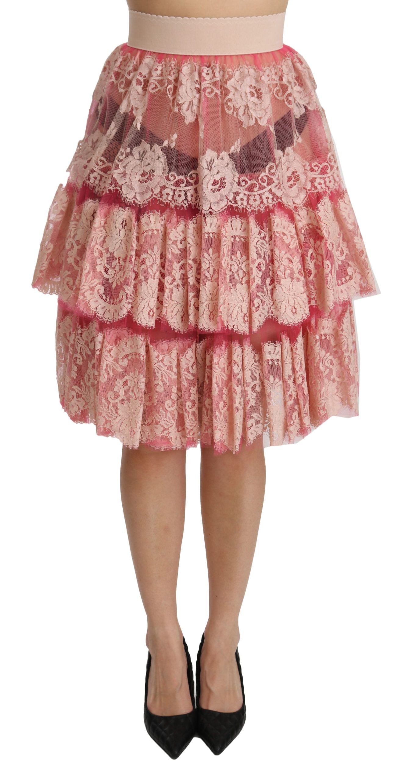 Dolce & Gabbana Pink Lace, Layered, High-Waisted, Knee-Length Skirt
