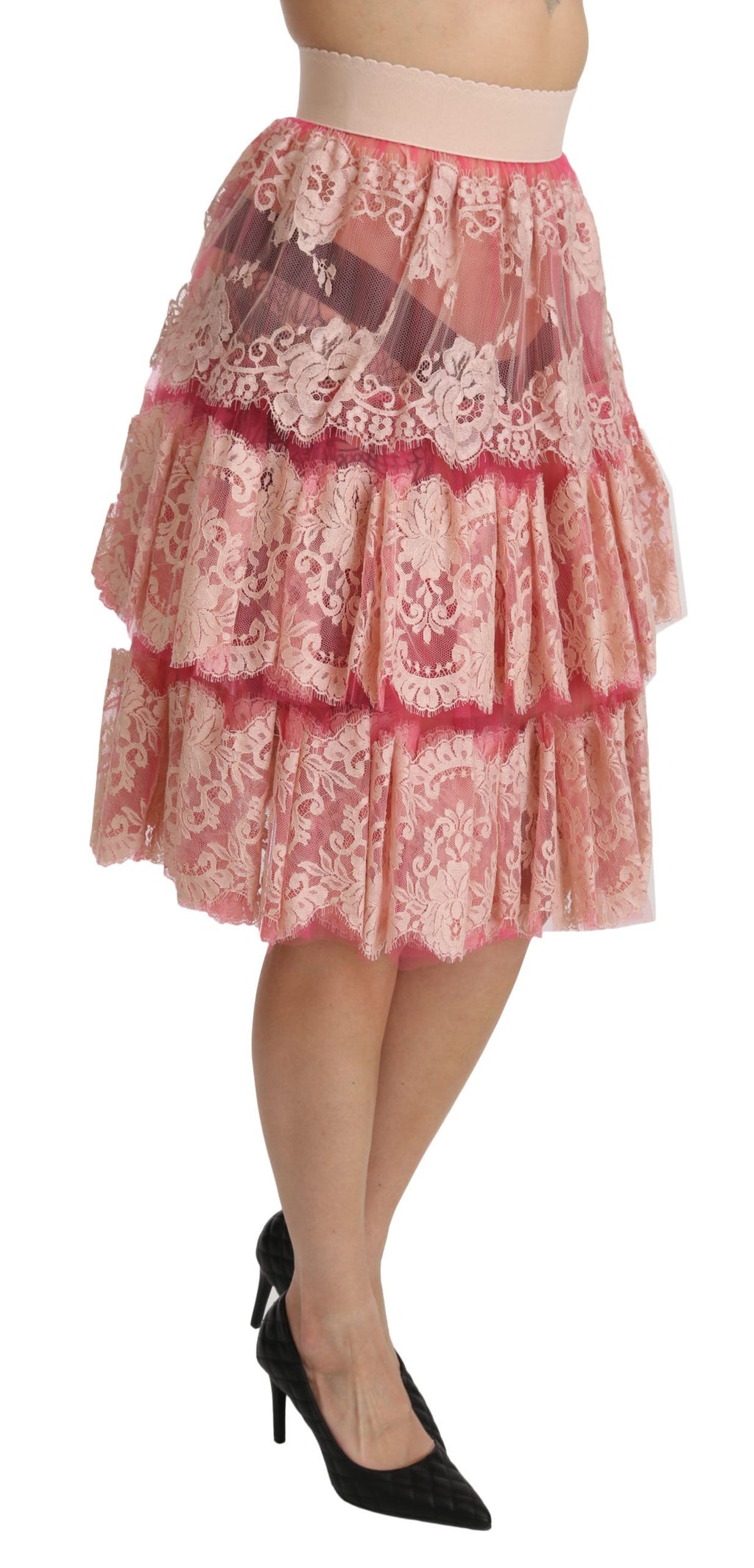 Dolce & Gabbana Pink Lace, Layered, High-Waisted, Knee-Length Skirt