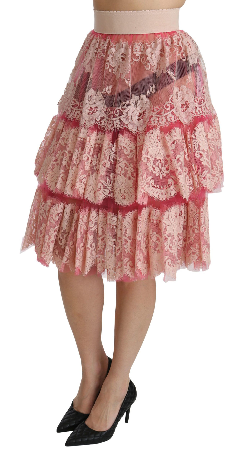 Dolce & Gabbana Pink Lace, Layered, High-Waisted, Knee-Length Skirt