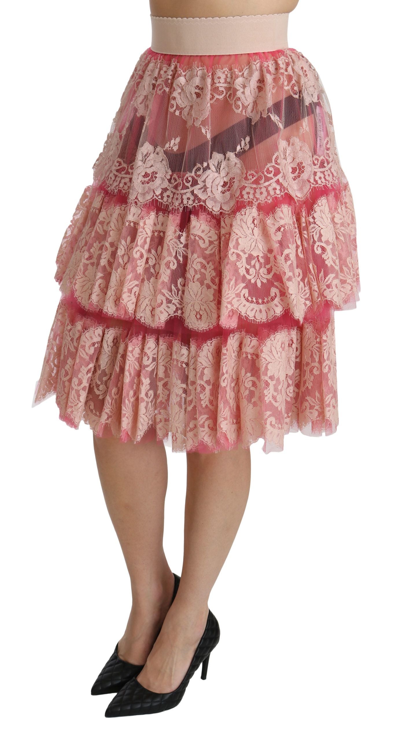 Dolce & Gabbana Pink Lace, Layered, High-Waisted, Knee-Length Skirt