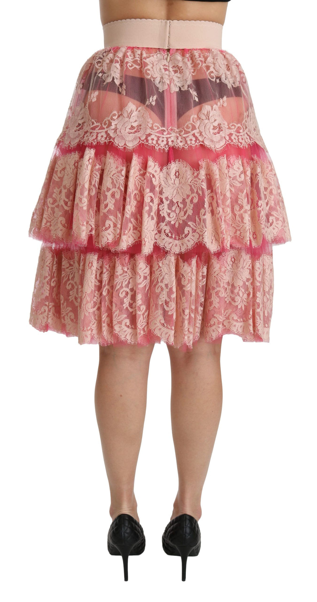 Dolce & Gabbana Pink Lace, Layered, High-Waisted, Knee-Length Skirt