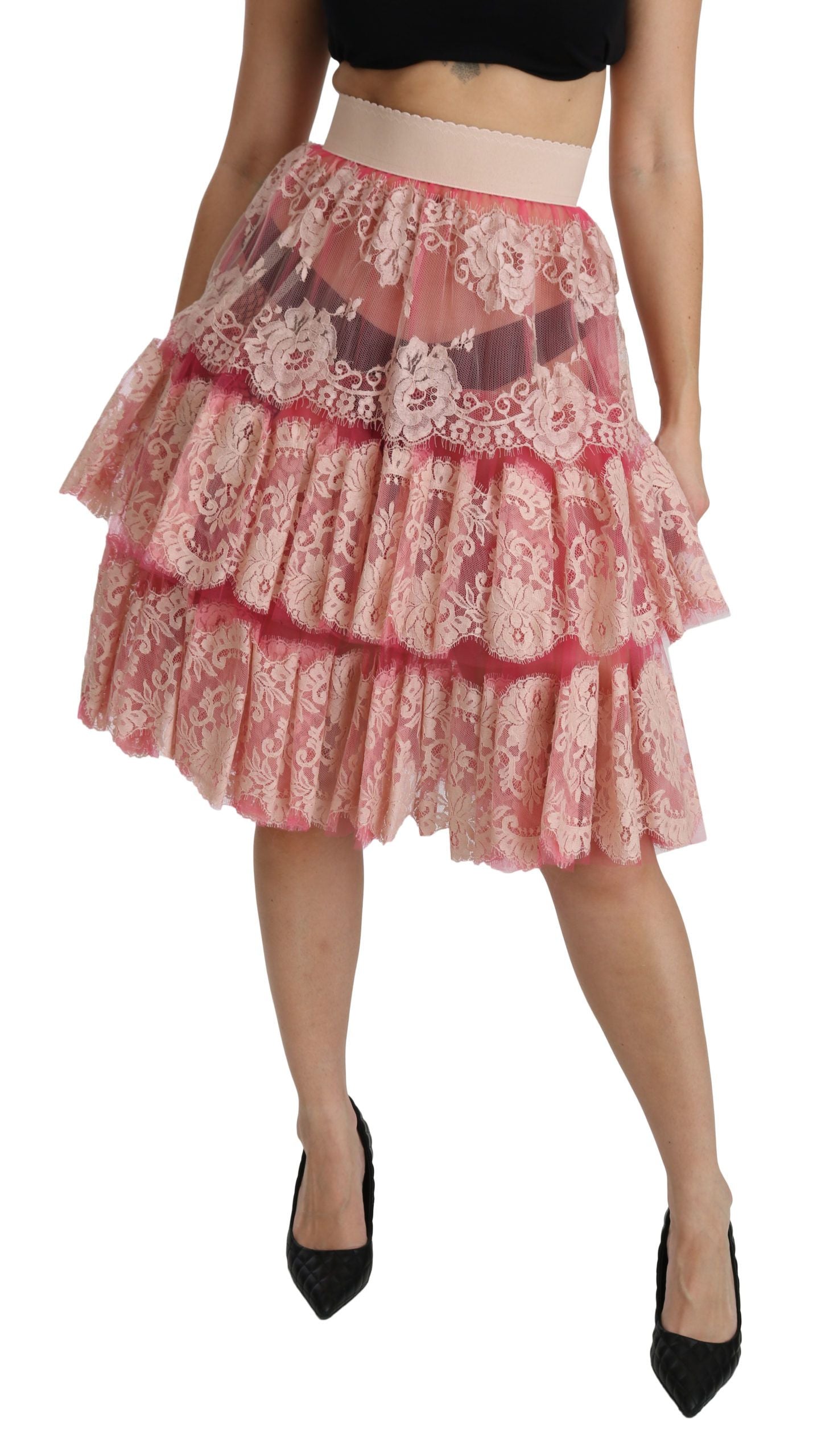 Dolce & Gabbana Pink Lace, Layered, High-Waisted, Knee-Length Skirt