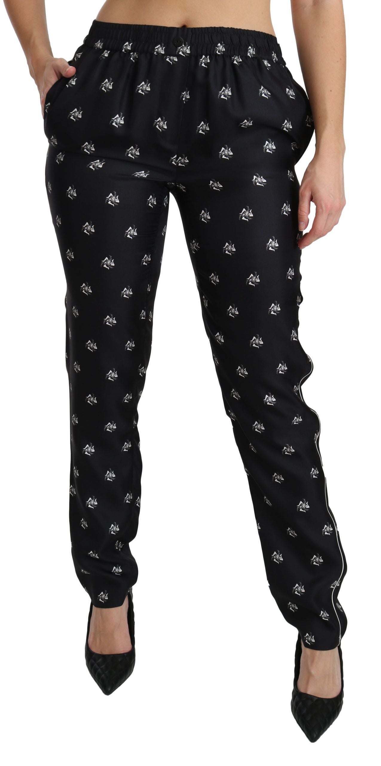 Dolce & Gabbana Black Printed Mid-Rise Silk Skinny Trousers