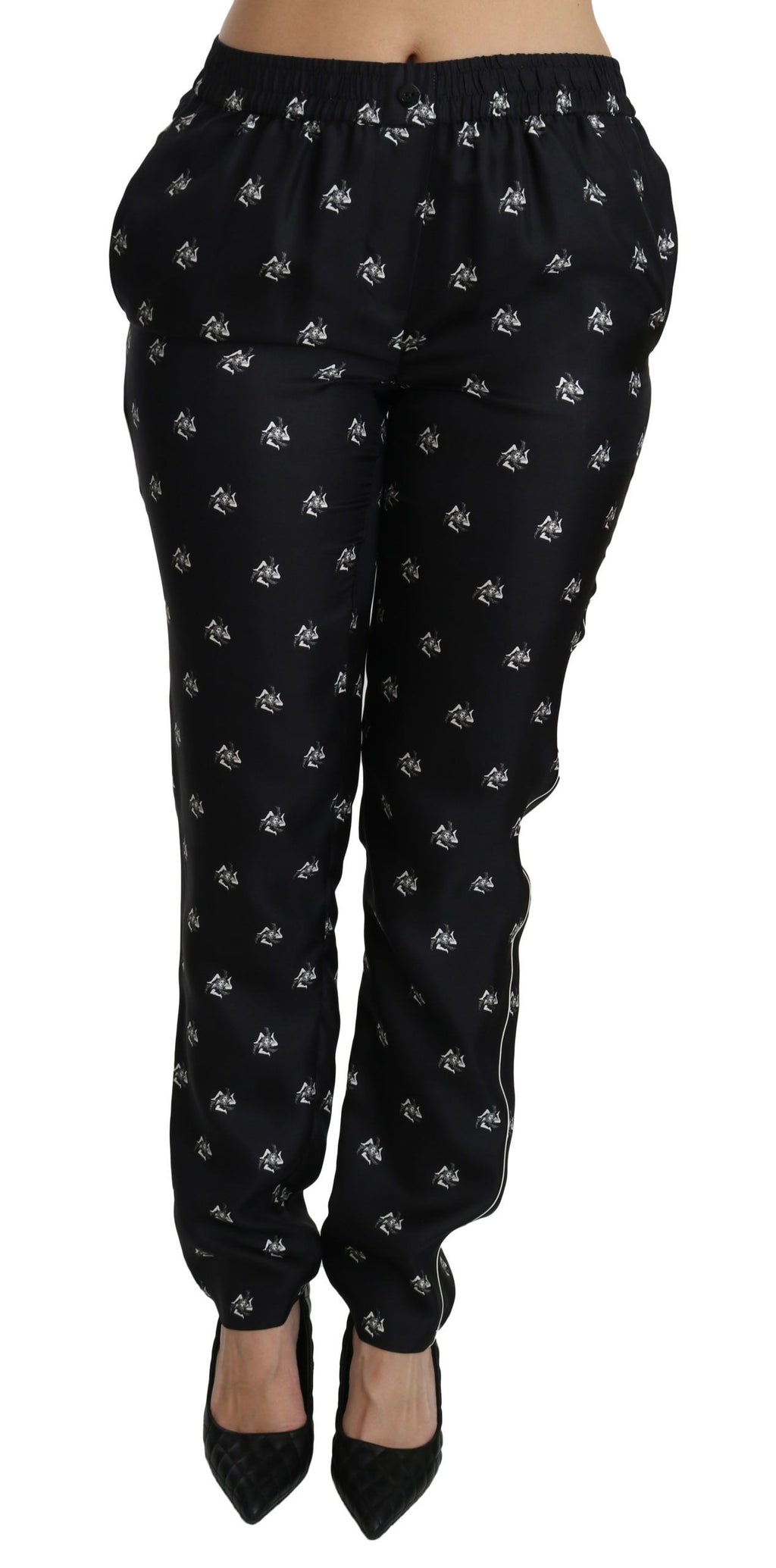 Dolce & Gabbana Black Printed Mid-Rise Silk Skinny Trousers