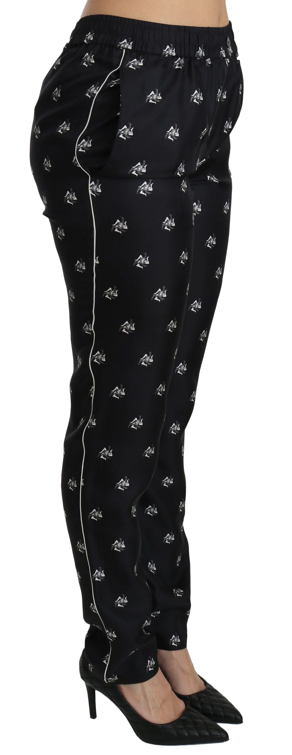 Dolce & Gabbana Black Printed Mid-Rise Silk Skinny Trousers