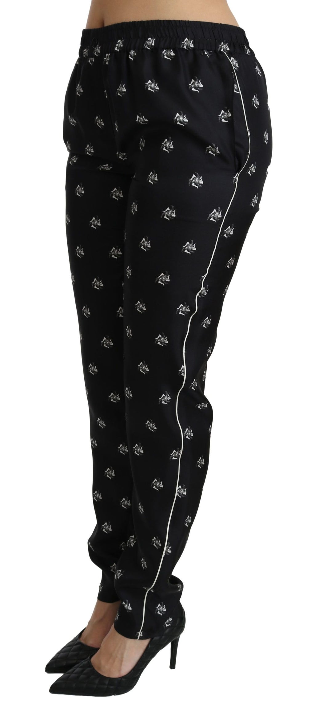 Dolce & Gabbana Black Printed Mid-Rise Silk Skinny Trousers