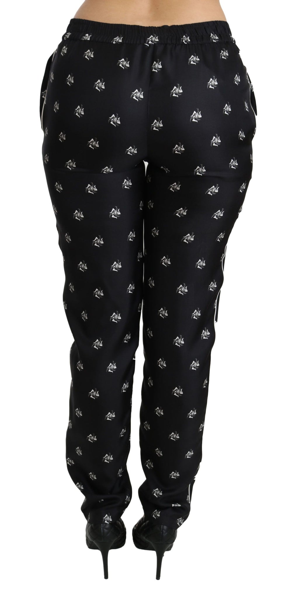 Dolce & Gabbana Black Printed Mid-Rise Silk Skinny Trousers