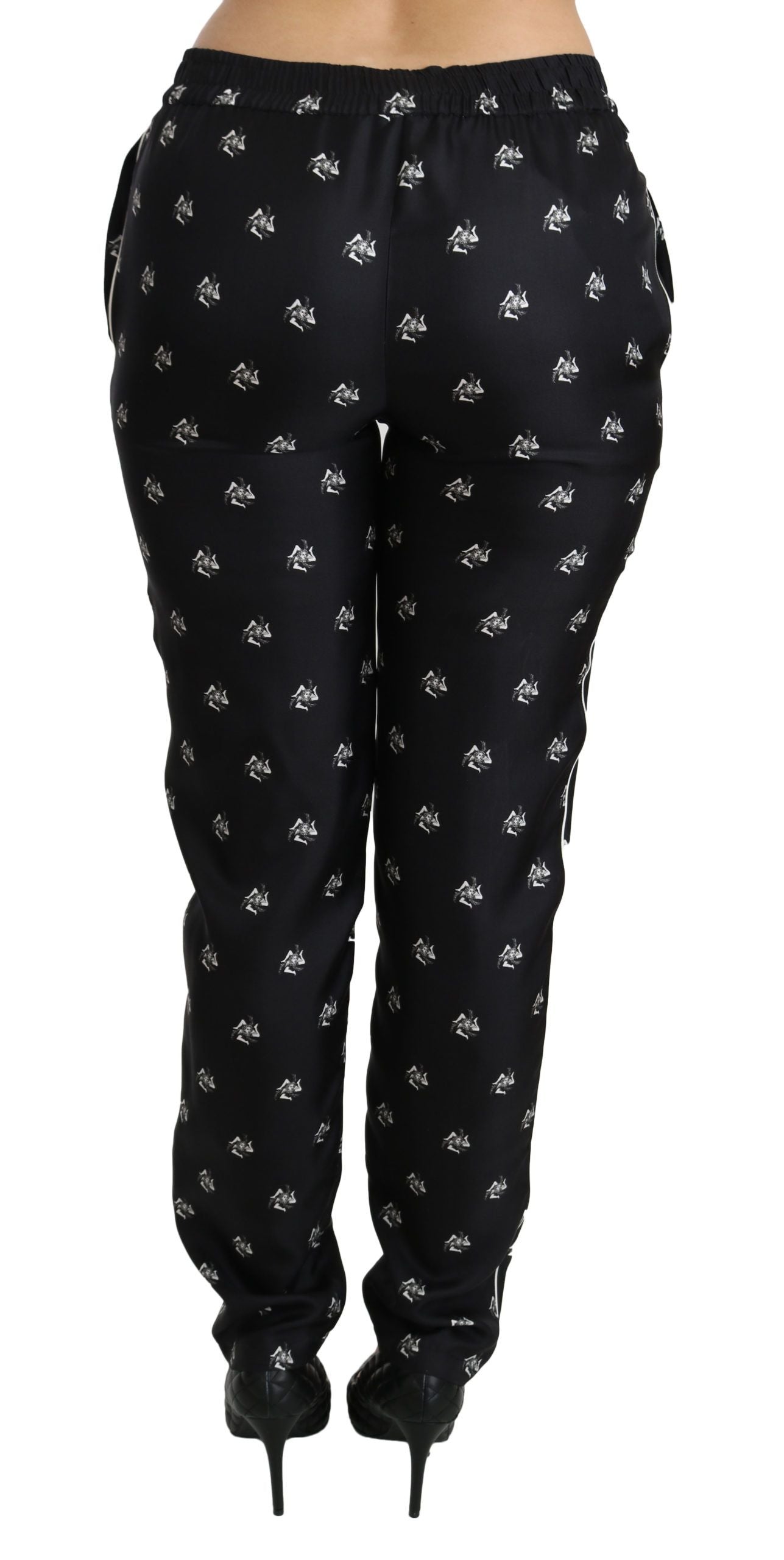 Dolce & Gabbana Black Printed Mid-Rise Silk Skinny Trousers