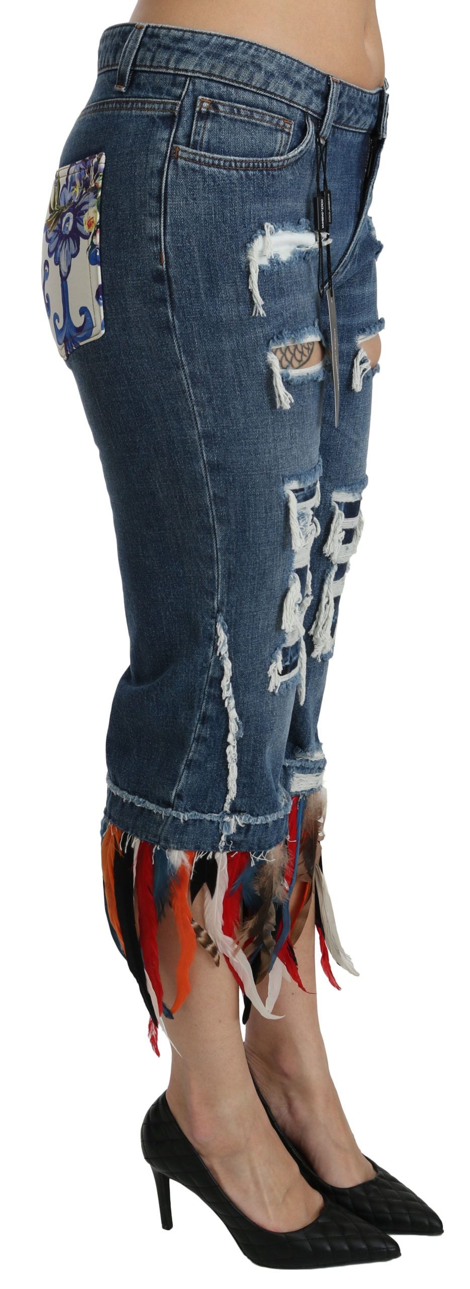 Dolce & Gabbana Blaue Federn Niedrig taillierte Jeans aus Baumwolle