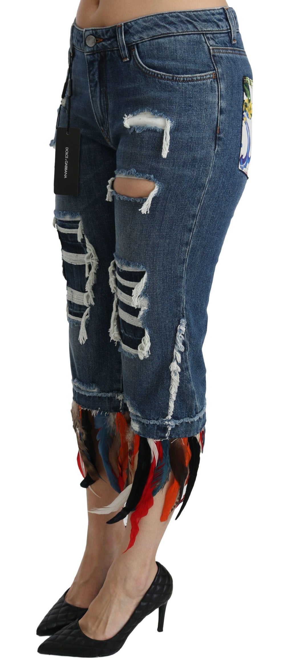 Dolce & Gabbana Blaue Federn Niedrig taillierte Jeans aus Baumwolle