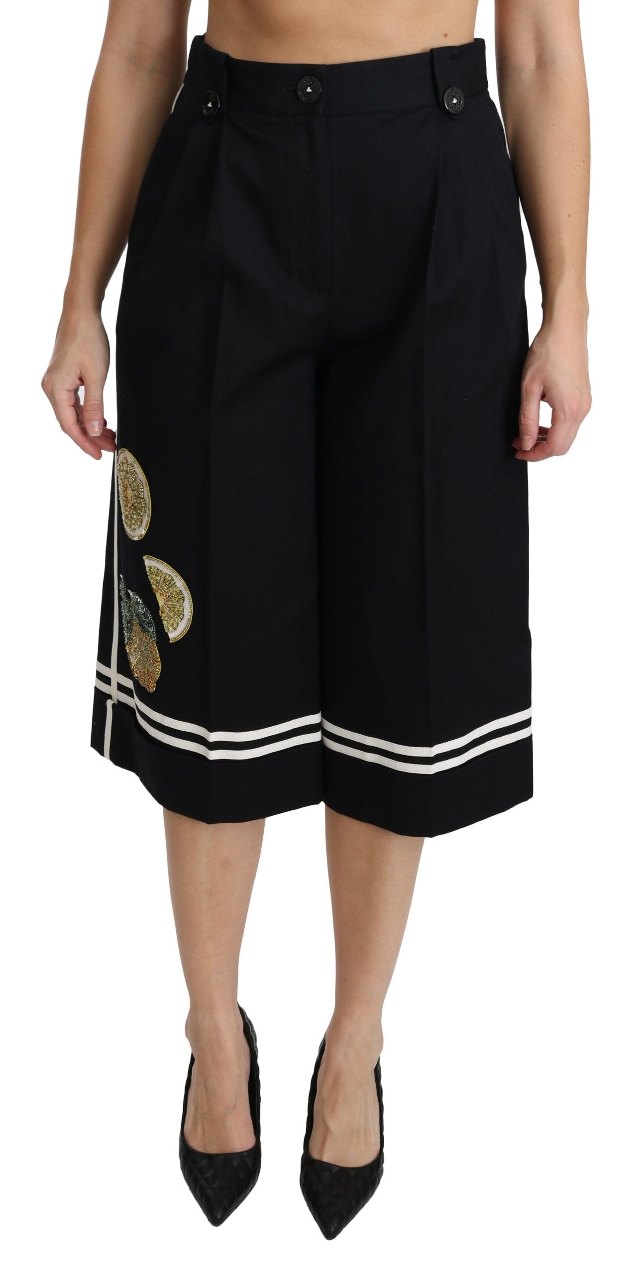 Dolce & Gabbana Black Lemon-Embellished Palazzo Pants and Cropped Pants