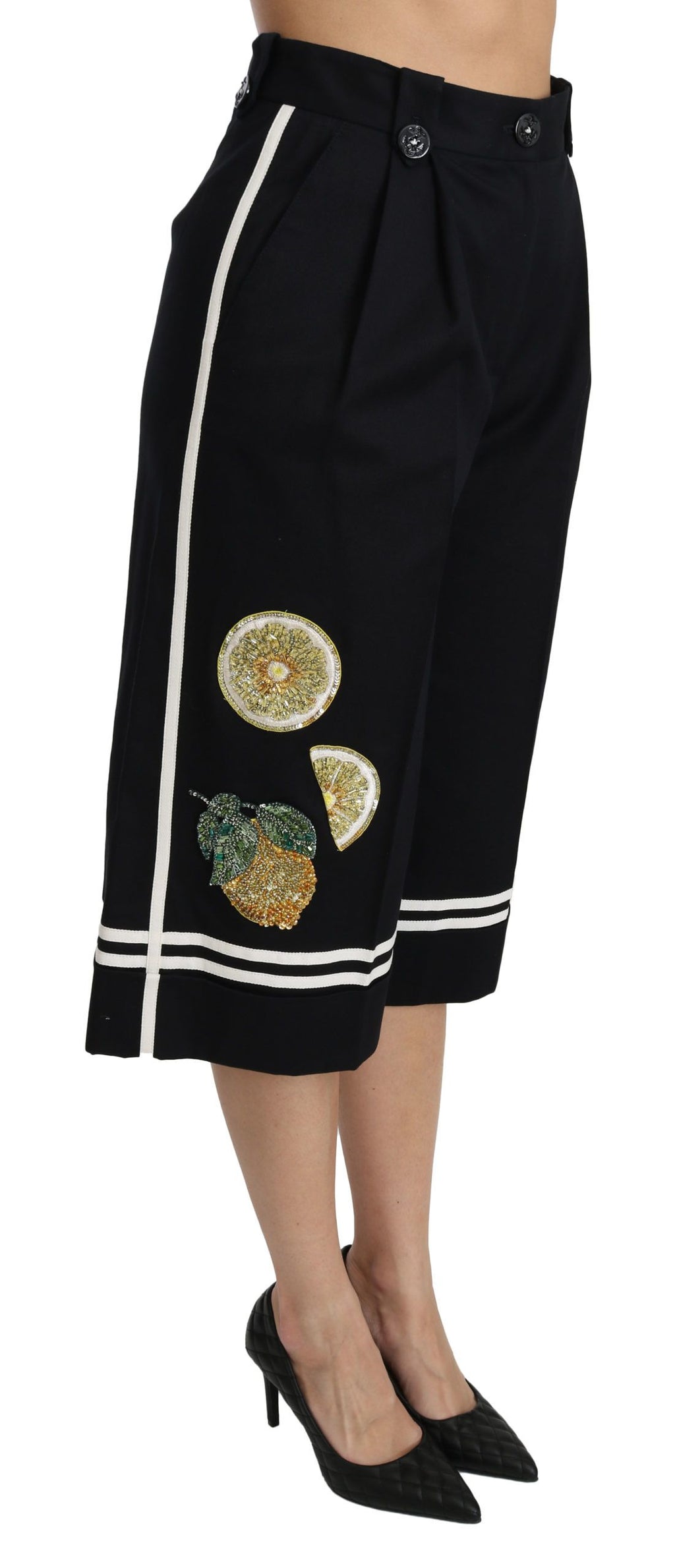 Dolce & Gabbana Black Lemon-Embellished Palazzo Pants and Cropped Pants
