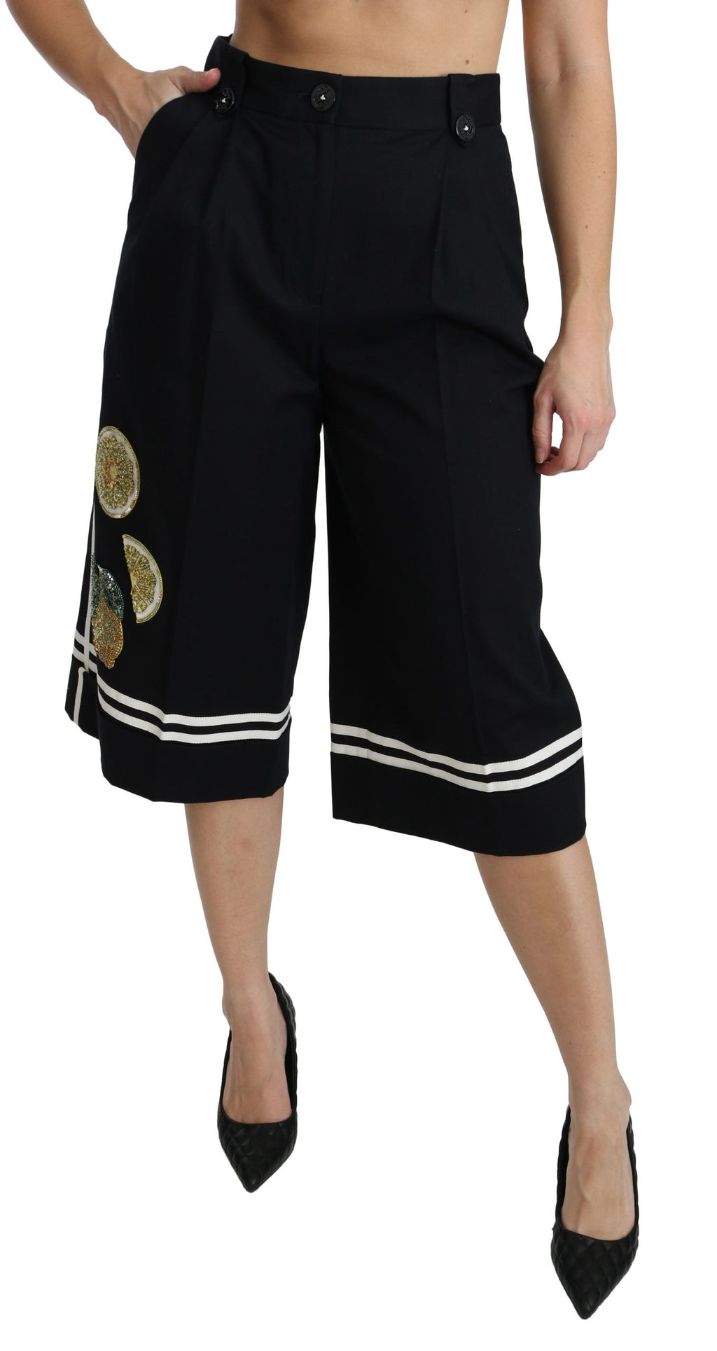 Dolce & Gabbana Black Lemon-Embellished Palazzo Pants and Cropped Pants
