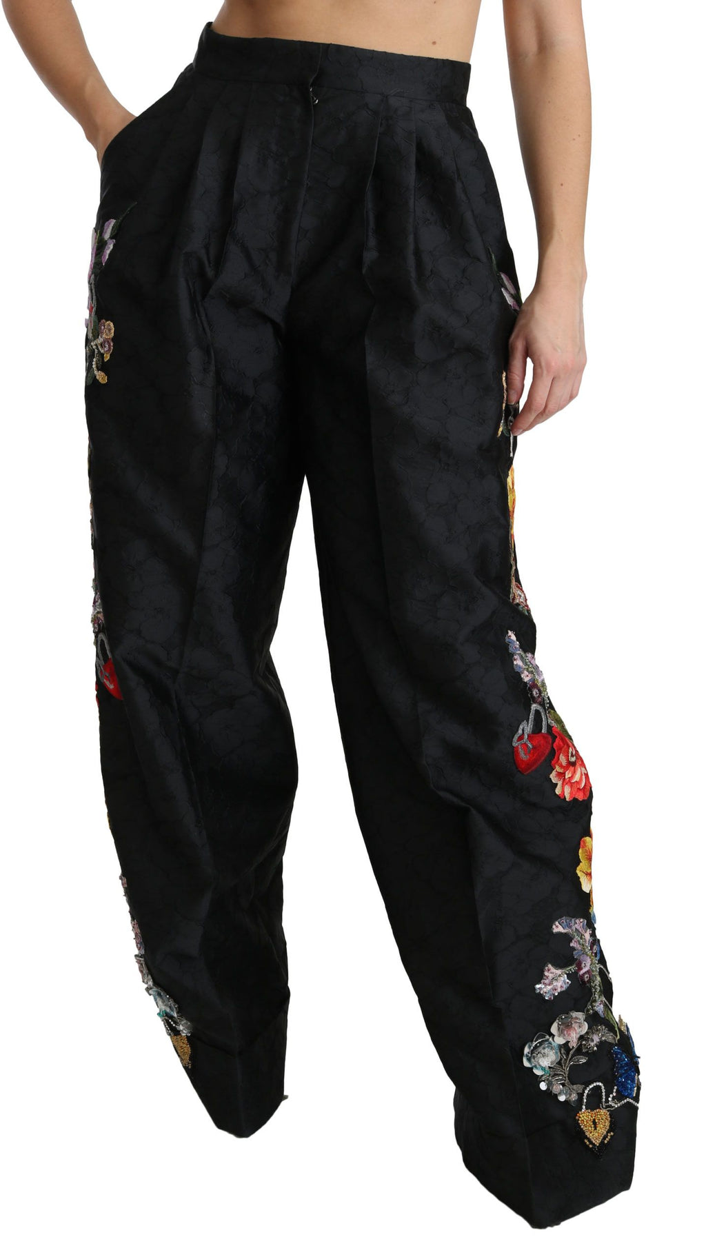 Dolce & Gabbana Black Brocade Trousers with Floral Sequins and Pearls