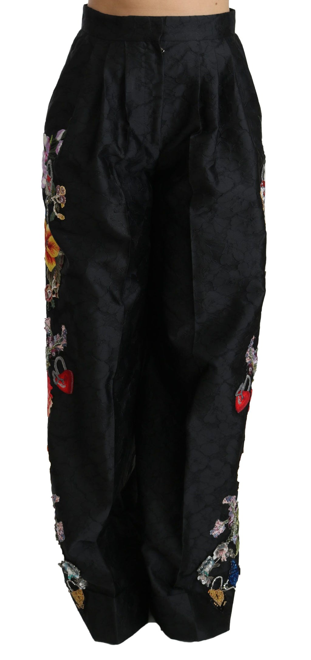 Dolce & Gabbana Black Brocade Trousers with Floral Sequins and Pearls