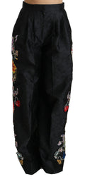 Dolce & Gabbana Black Brocade Trousers with Floral Sequins and Pearls