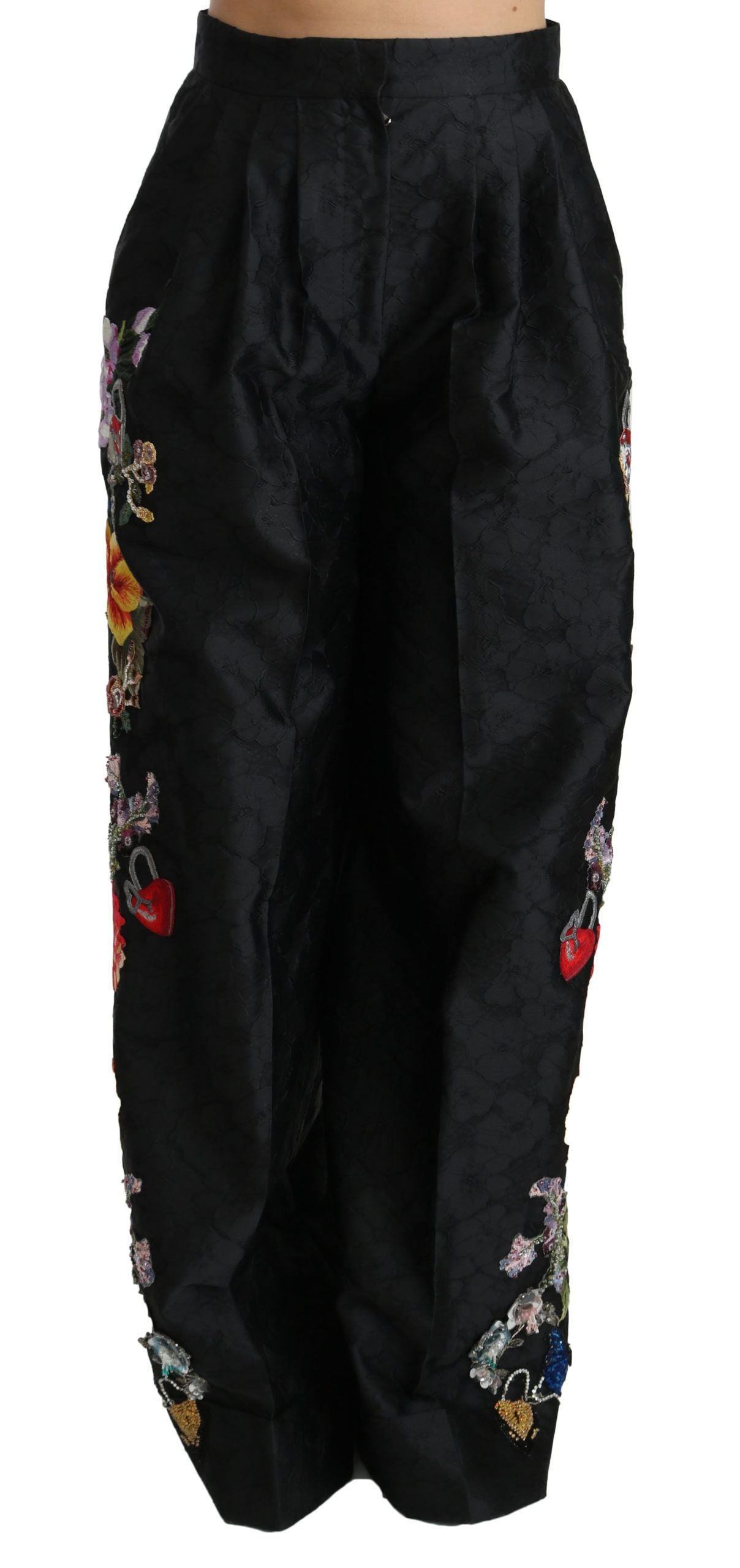 Dolce & Gabbana Black Brocade Trousers with Floral Sequins and Pearls