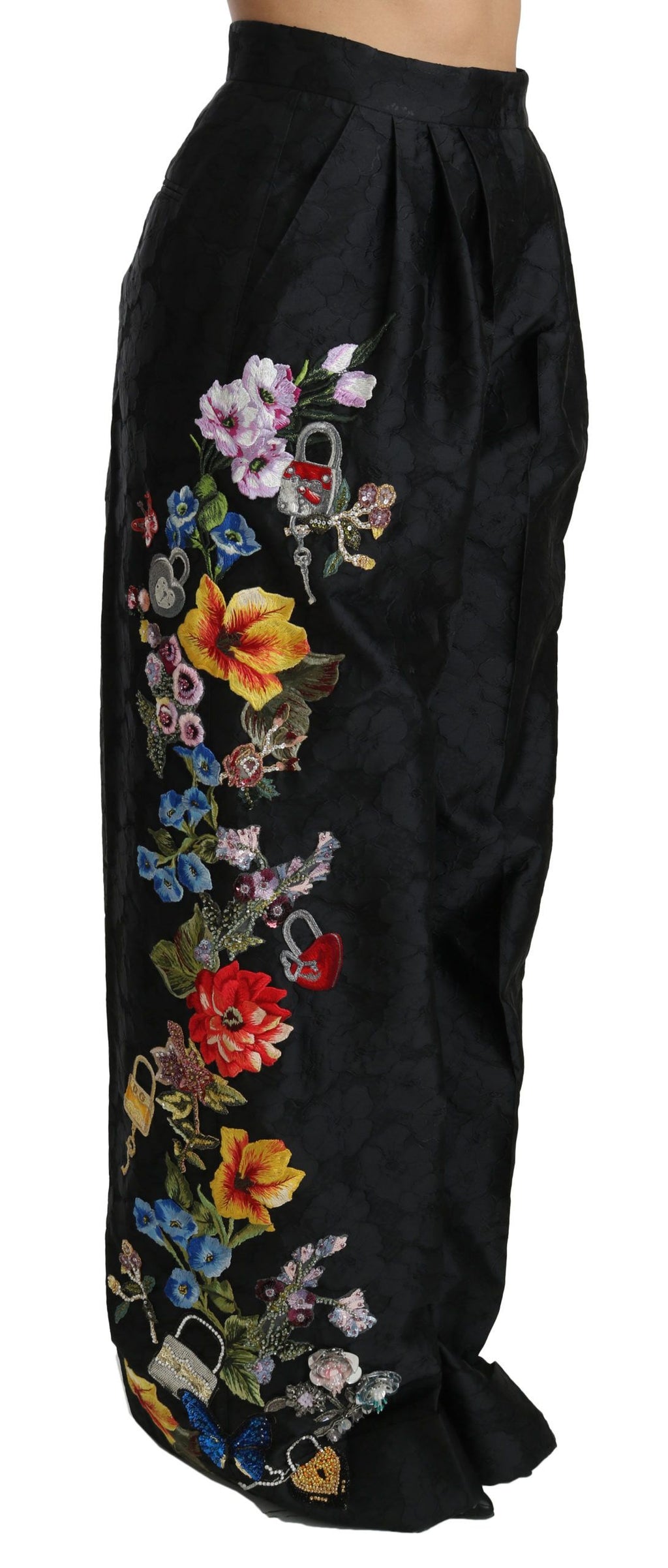 Dolce & Gabbana Black Brocade Trousers with Floral Sequins and Pearls