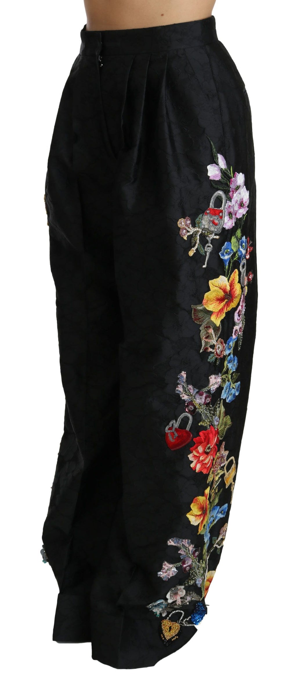 Dolce & Gabbana Black Brocade Trousers with Floral Sequins and Pearls