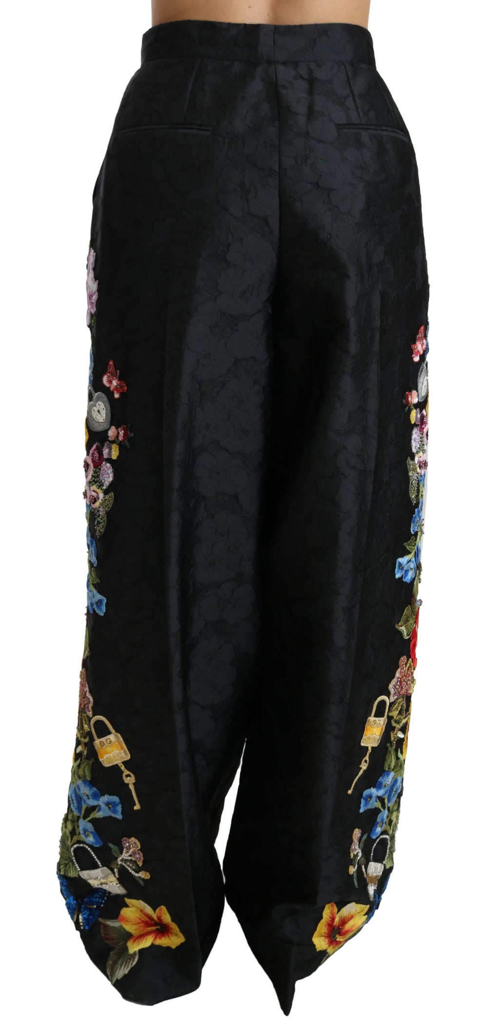 Dolce & Gabbana Black Brocade Trousers with Floral Sequins and Pearls