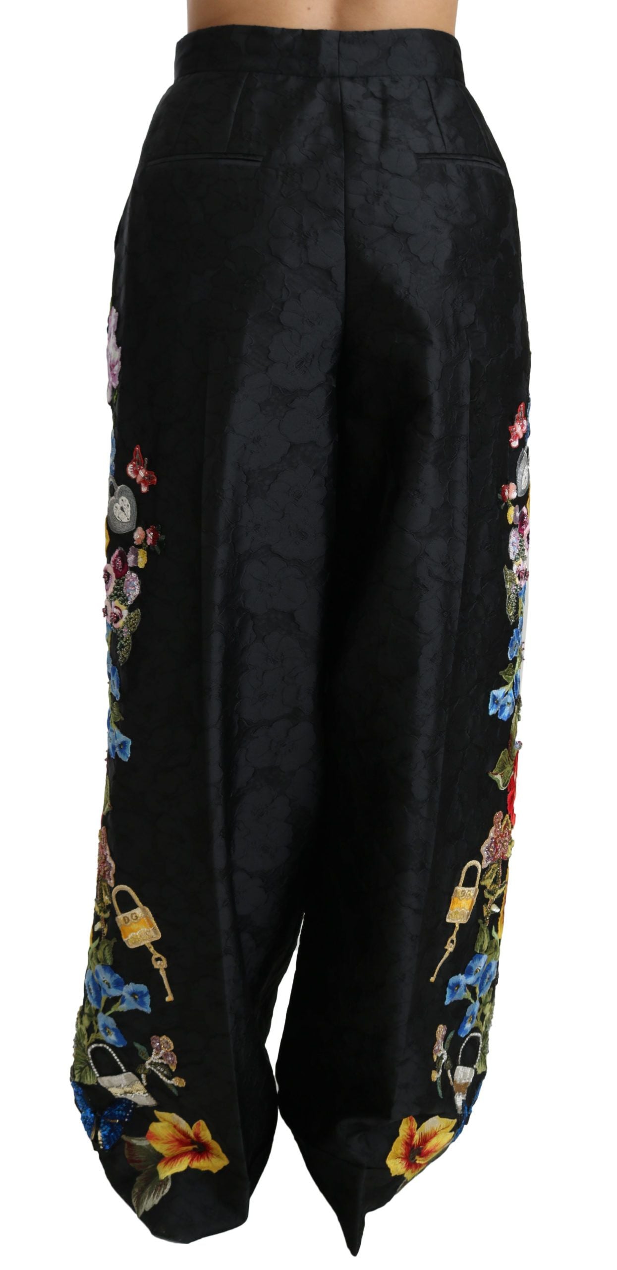 Dolce & Gabbana Black Brocade Trousers with Floral Sequins and Pearls