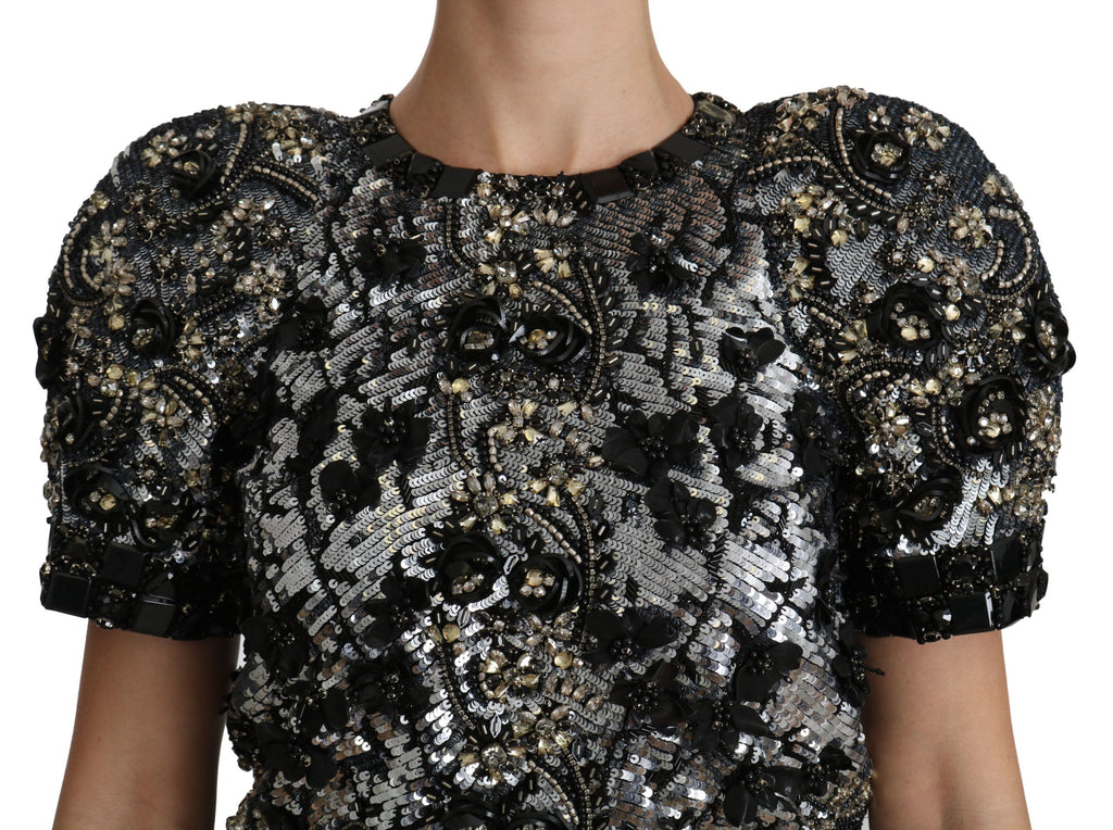 Dolce & Gabbana Schwarzes paillettenbesetztes und kristallverziertes Blusentop