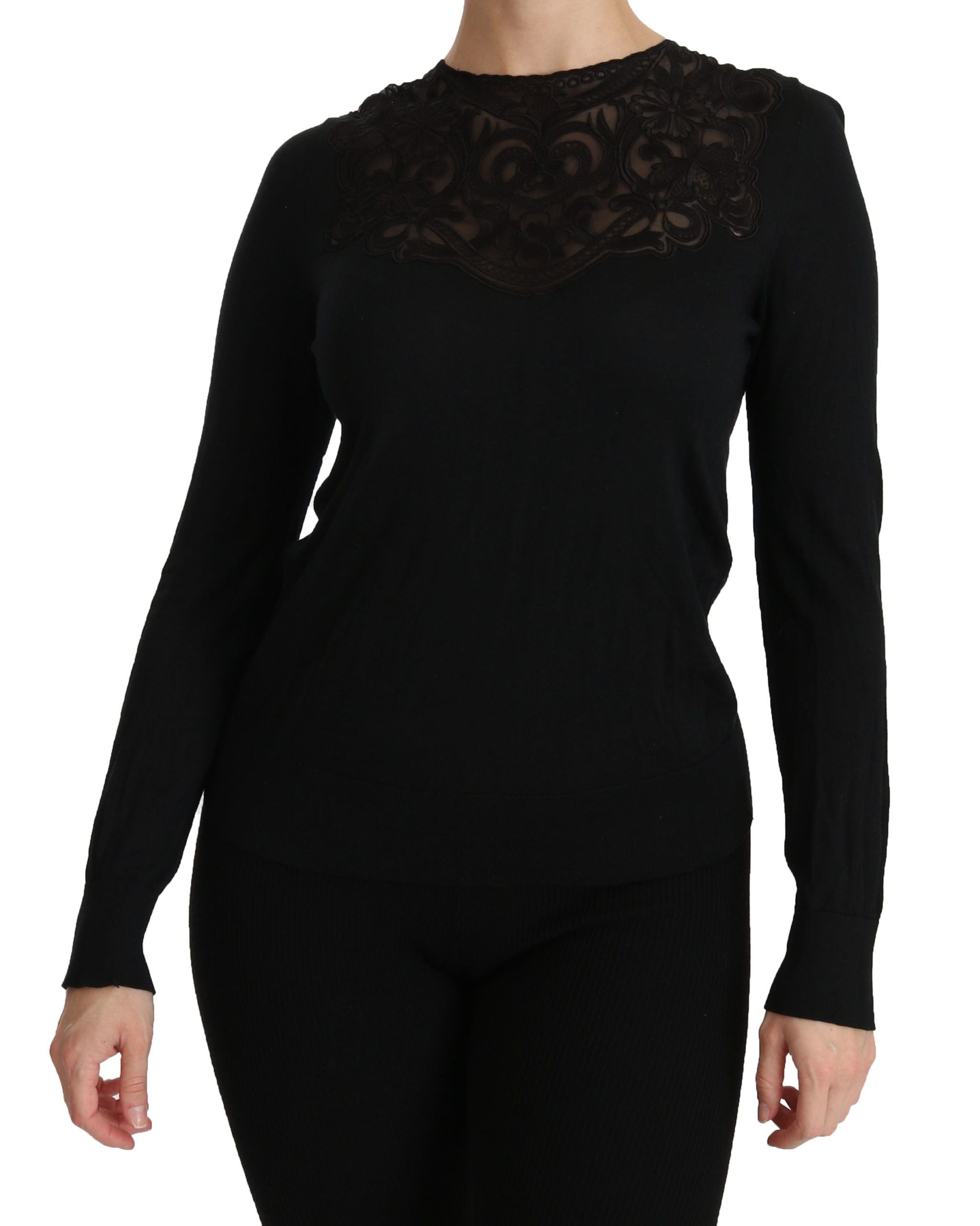 Dolce & Gabbana Black Silk Blouse with Crew Neck and Long Sleeves