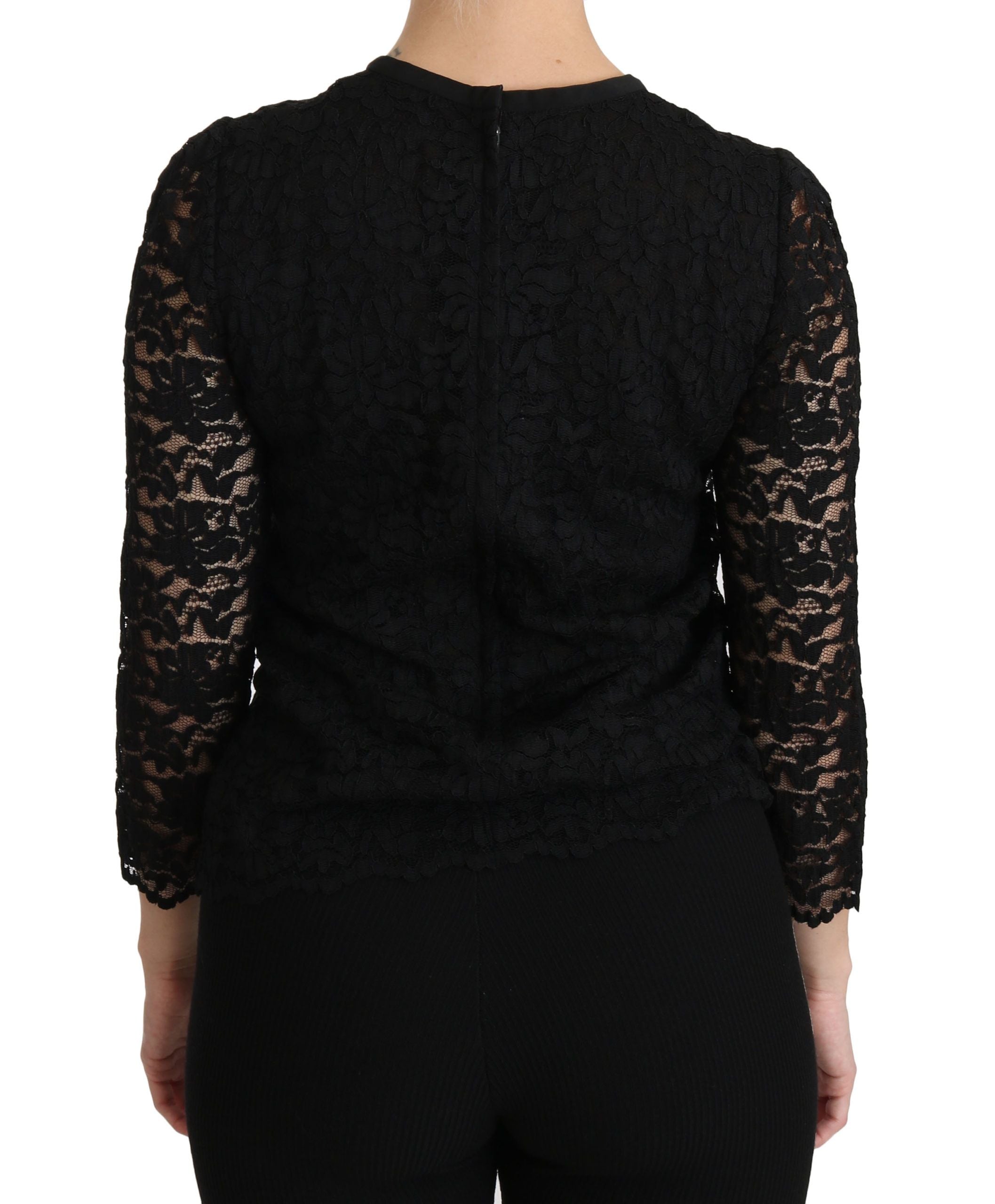 Dolce & Gabbana Schwarze langärmelige Nylonbluse mit Spitze