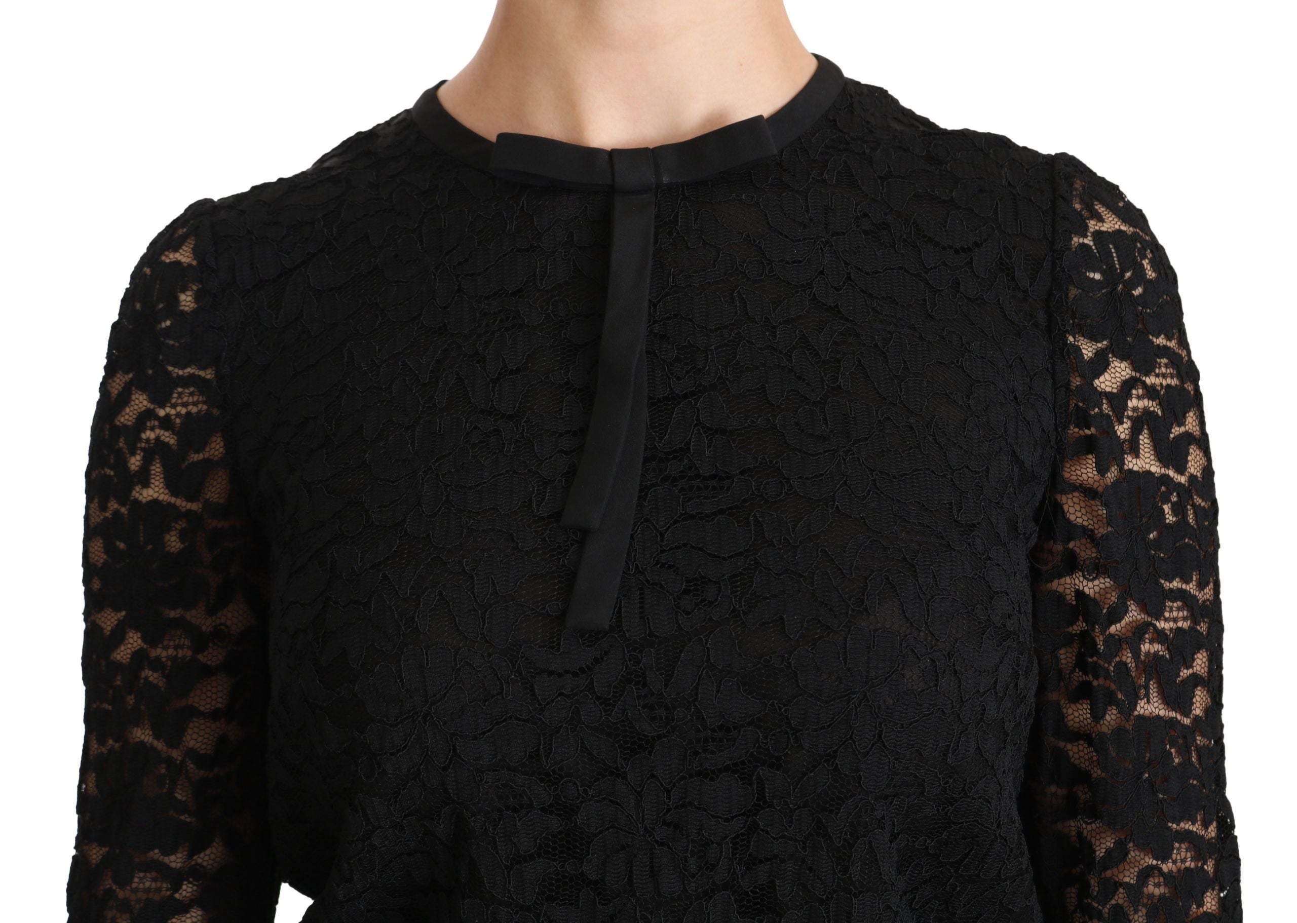 Dolce & Gabbana Schwarze langärmelige Nylonbluse mit Spitze