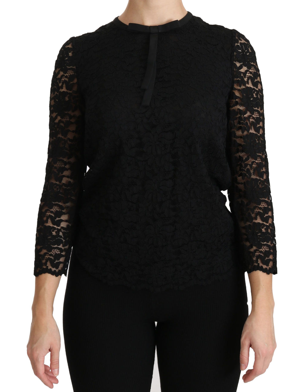 Dolce & Gabbana Schwarze langärmelige Nylonbluse mit Spitze