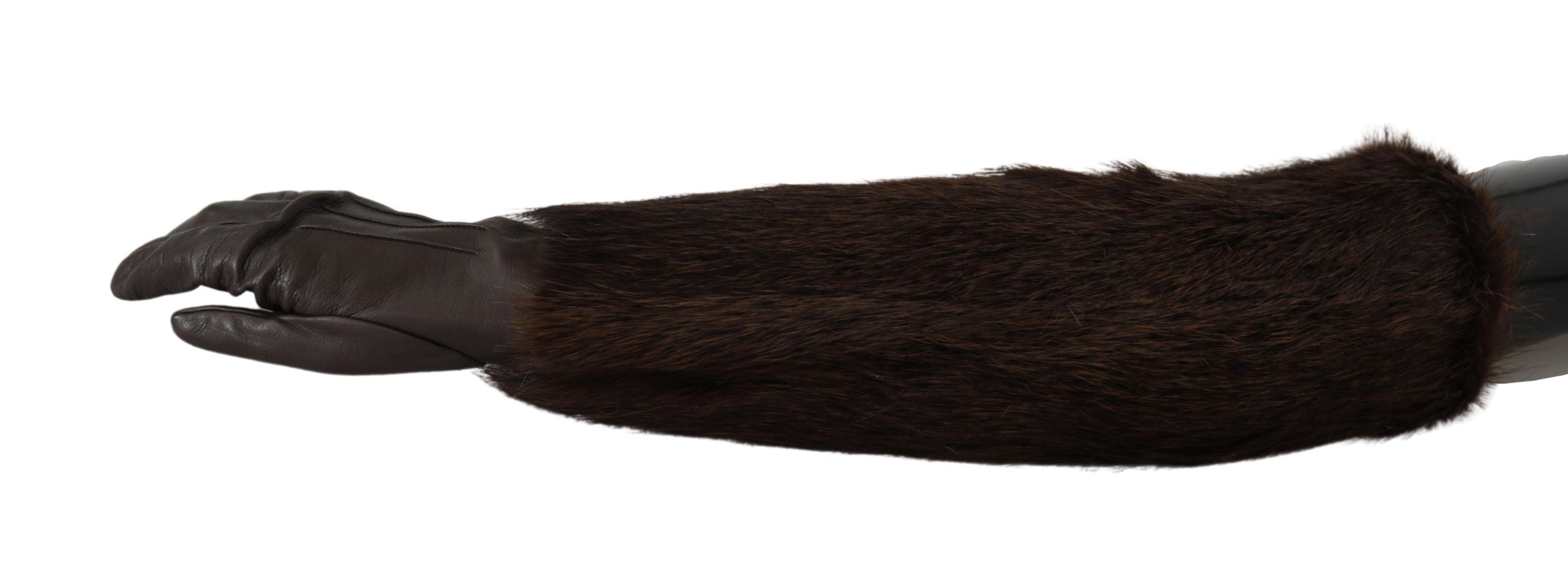 Dolce & Gabbana Braun Ellenbogenlänge Fäustlinge Leder Pelz Handschuhe