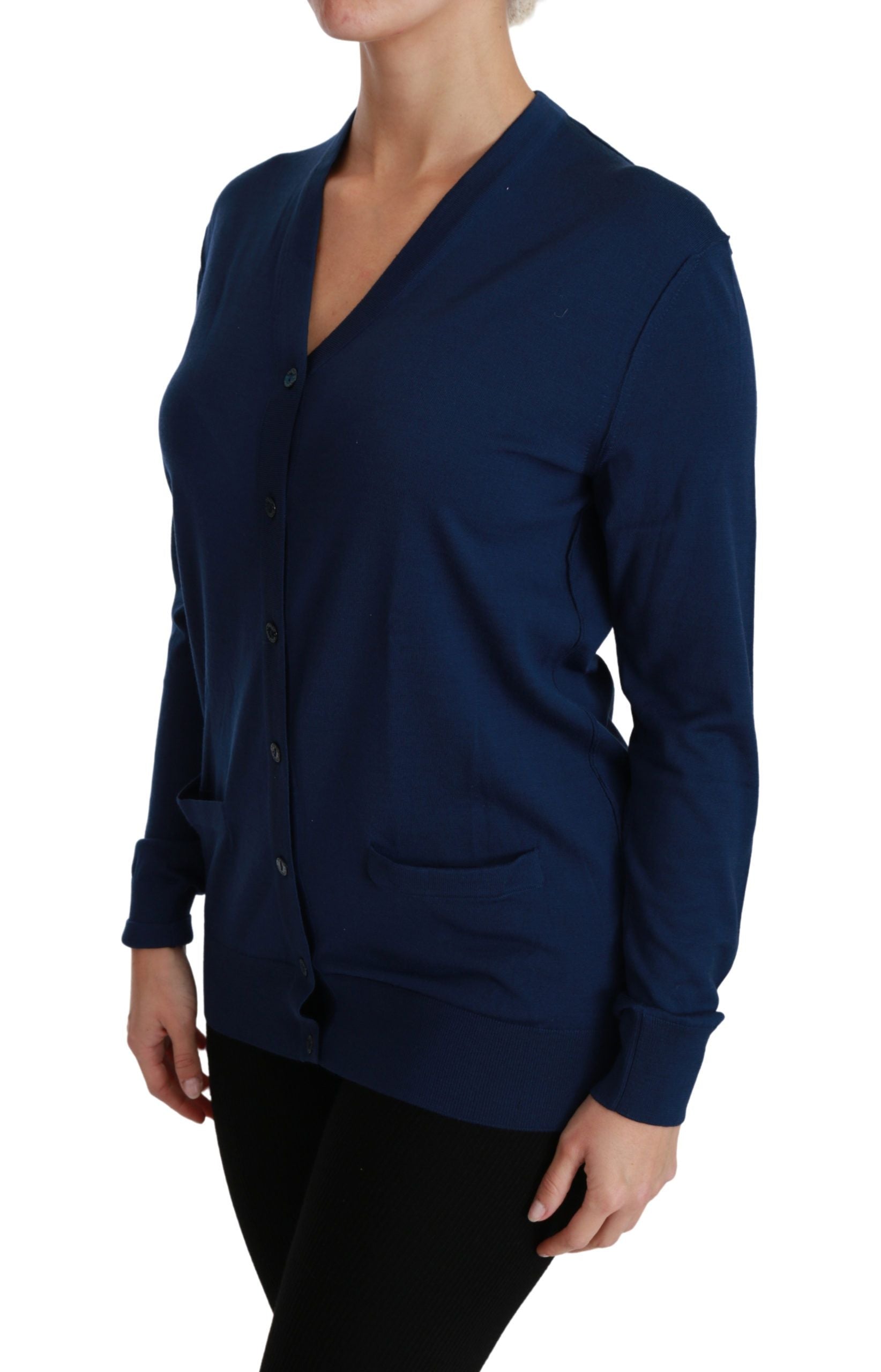 Dolce & Gabbana Blaue Knopf-Strickjacke Schurwollpullover