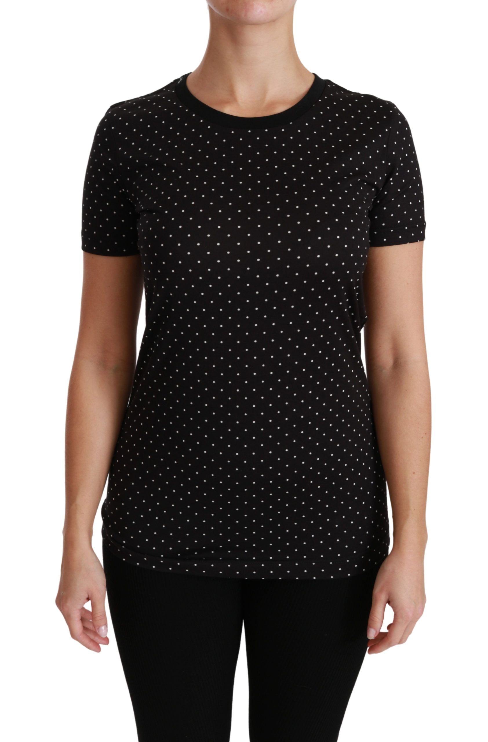 Dolce & Gabbana Schwarzes gepunktetes Baumwoll-T-Shirt mit Rundhalsausschnitt