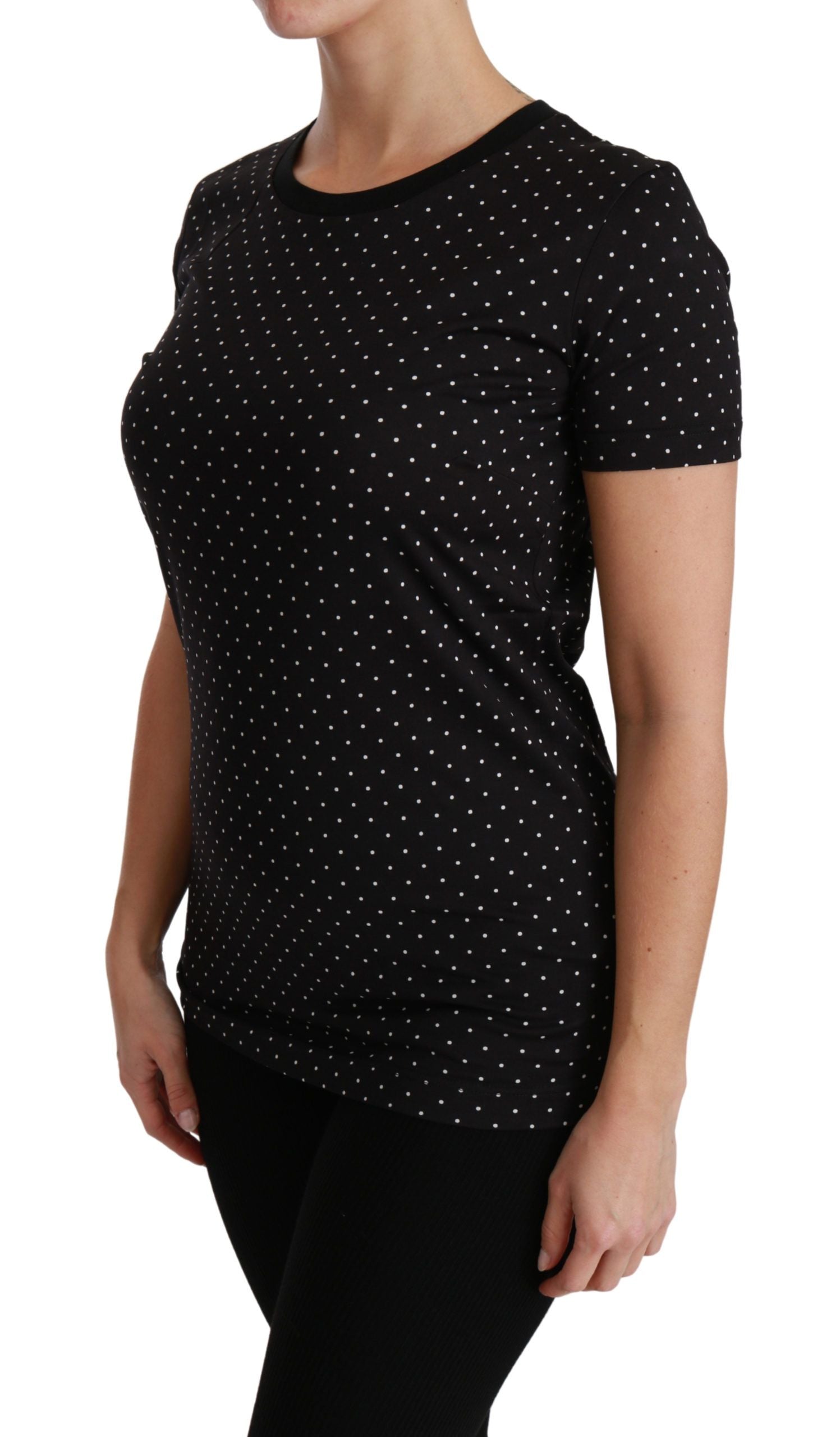 Dolce & Gabbana Schwarzes gepunktetes Baumwoll-T-Shirt mit Rundhalsausschnitt