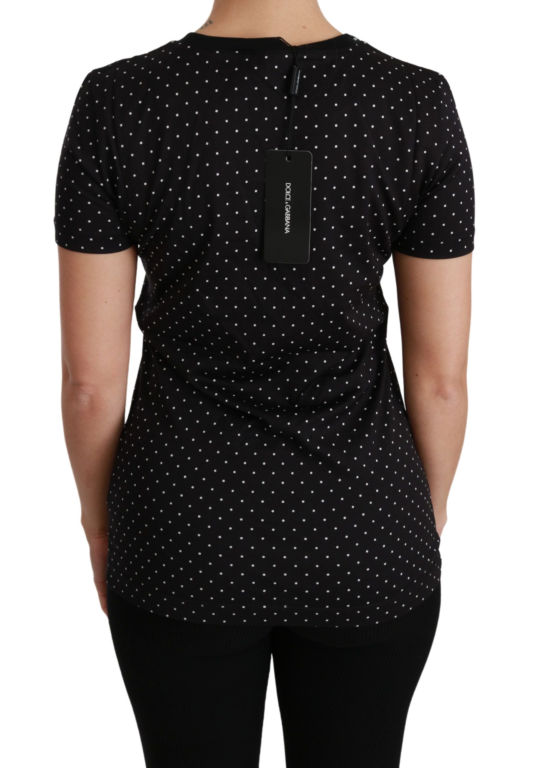 Dolce & Gabbana Schwarzes gepunktetes Baumwoll-T-Shirt mit Rundhalsausschnitt