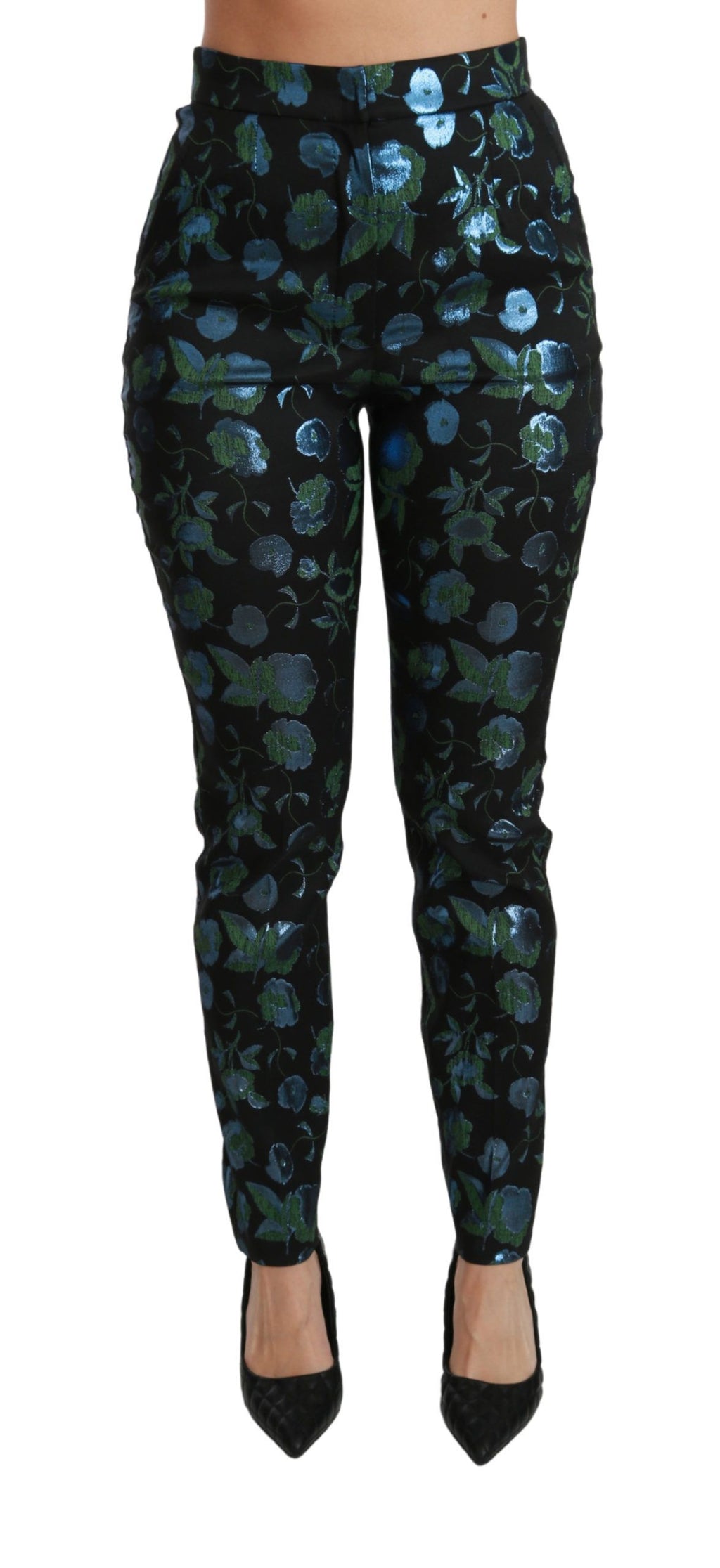 Dolce & Gabbana Blaugrüne Metallic-Hose mit Blumenmuster