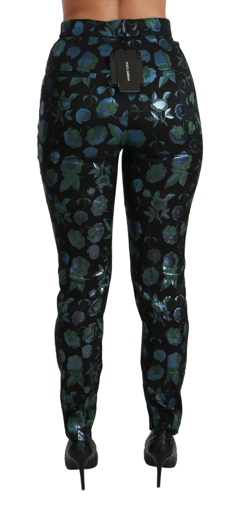 Dolce & Gabbana Blaugrüne Metallic-Hose mit Blumenmuster