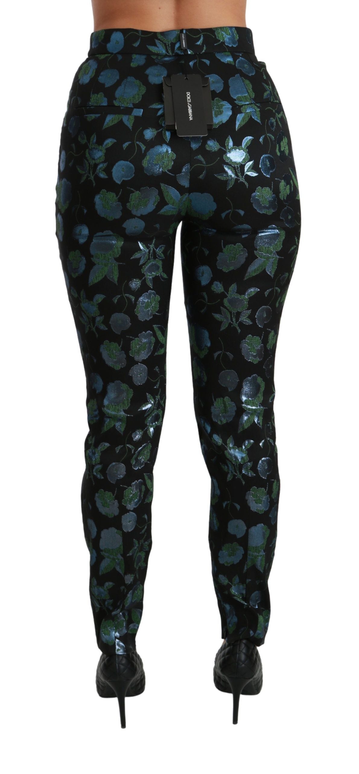 Dolce & Gabbana Blaugrüne Metallic-Hose mit Blumenmuster