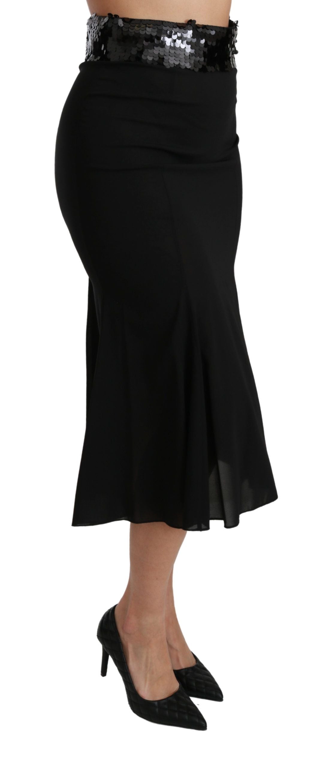 Dolce & Gabbana Schwarzer Midi-Seidenrock mit hoher Taille und Meerjungfrau