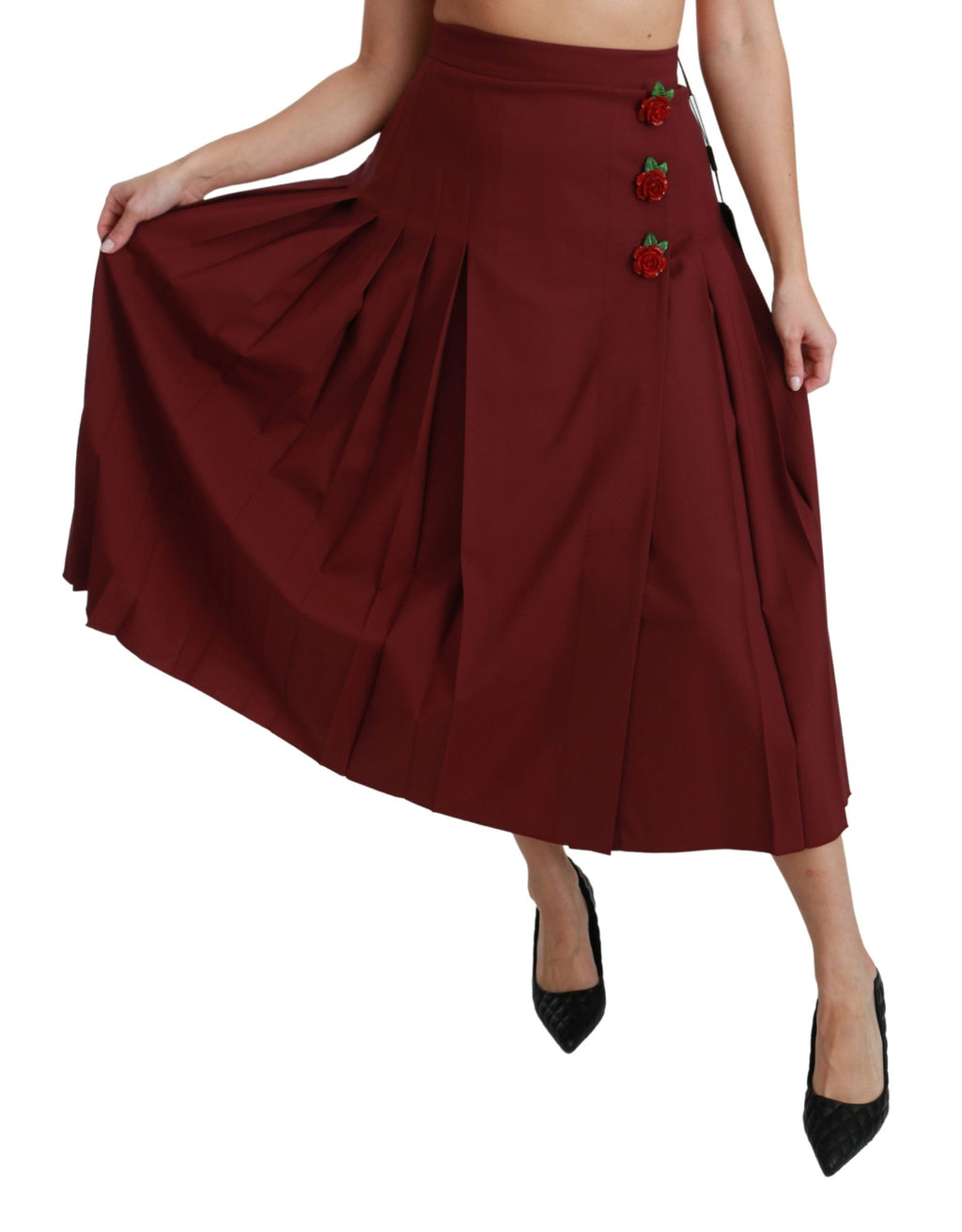 Dolce & Gabbana Red High-Waisted Pleated Wool Maxi Skirt