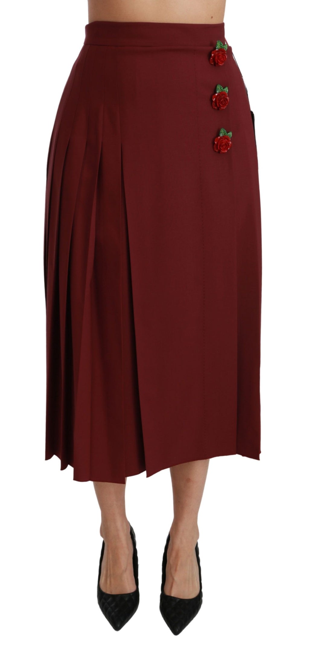 Dolce & Gabbana Red High-Waisted Pleated Wool Maxi Skirt